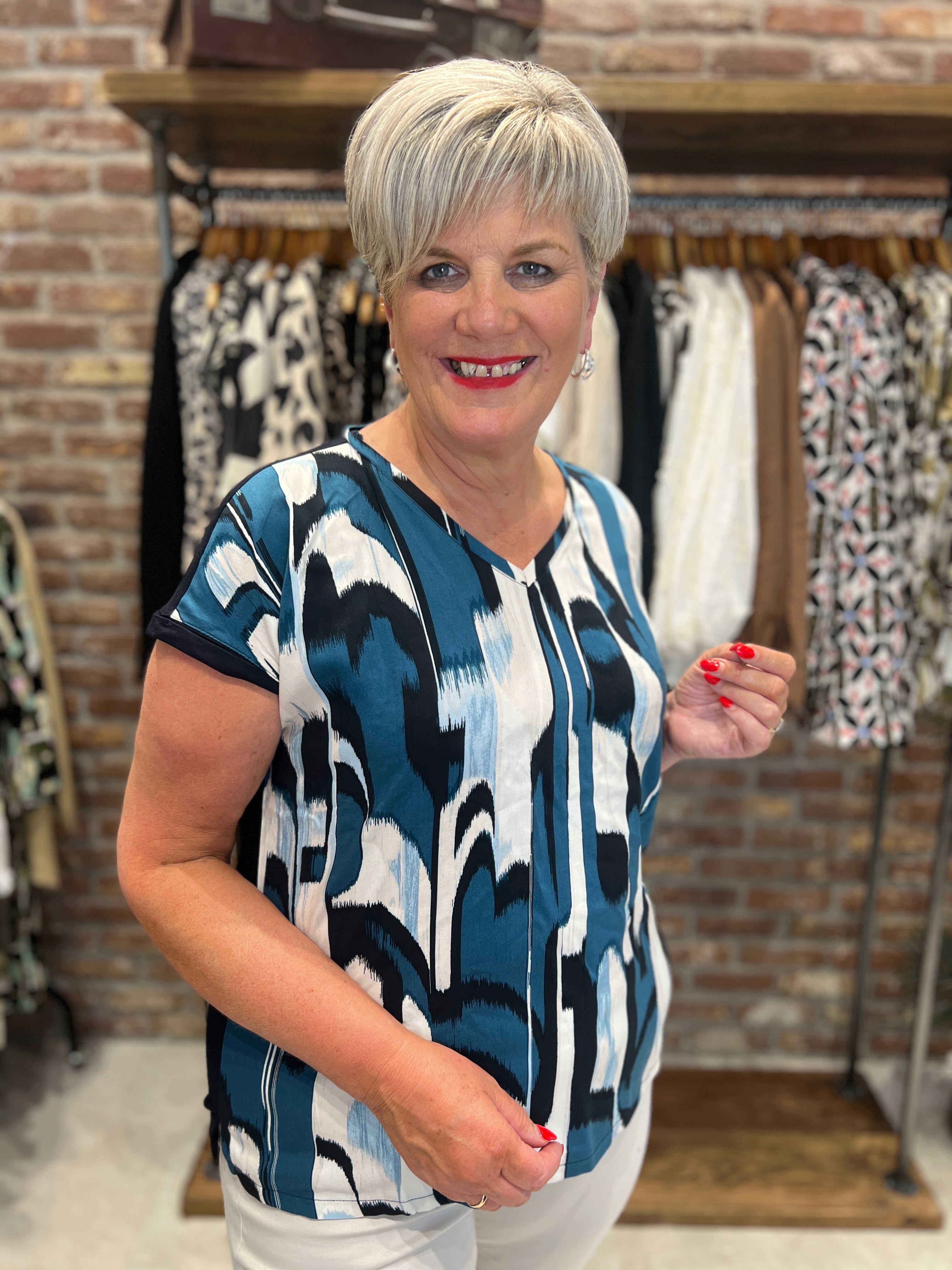 Street One V-Neck Patterned Top In Tide Blue