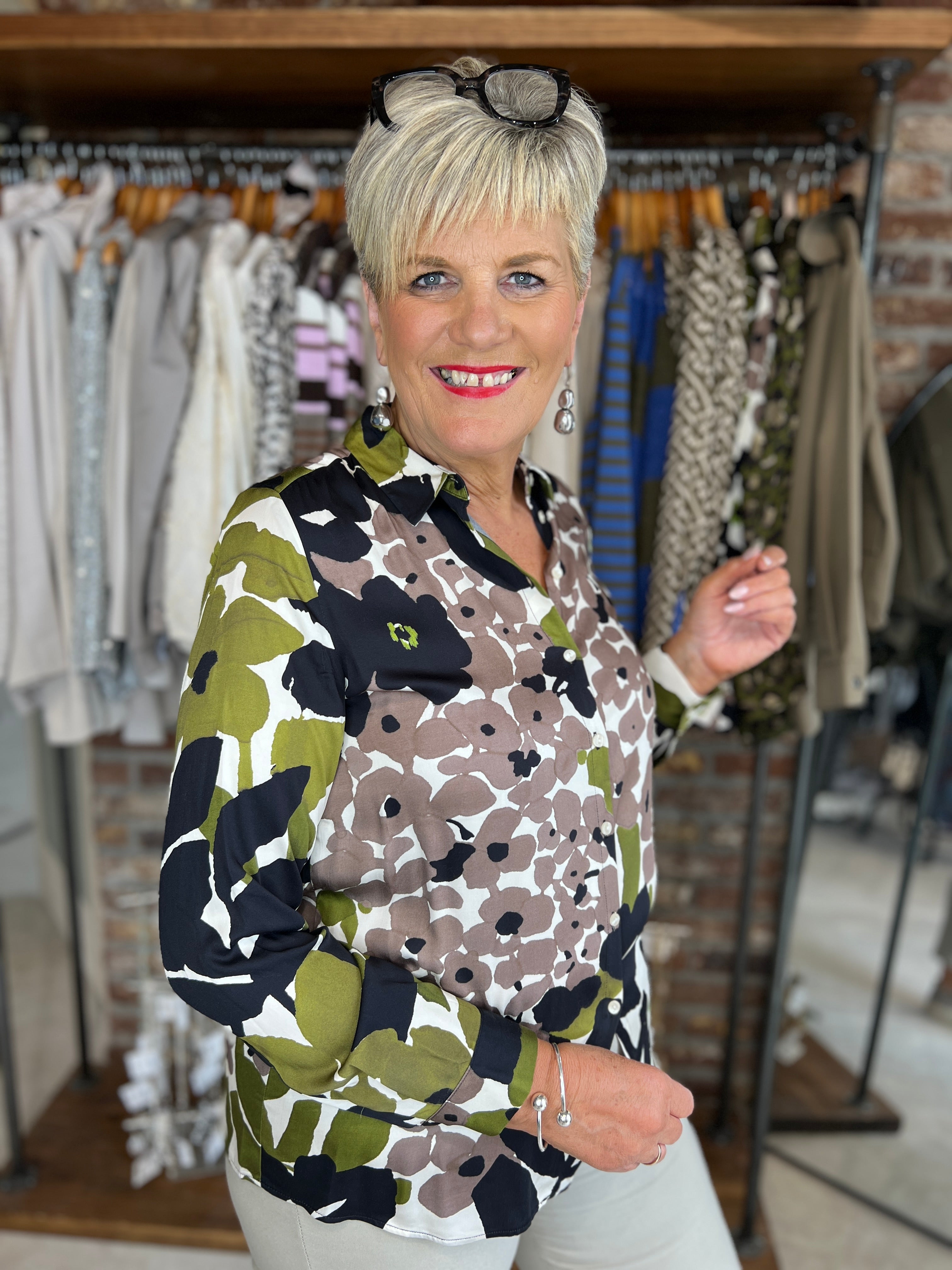 Milano Italy Floral Shirt In Khaki Multi
