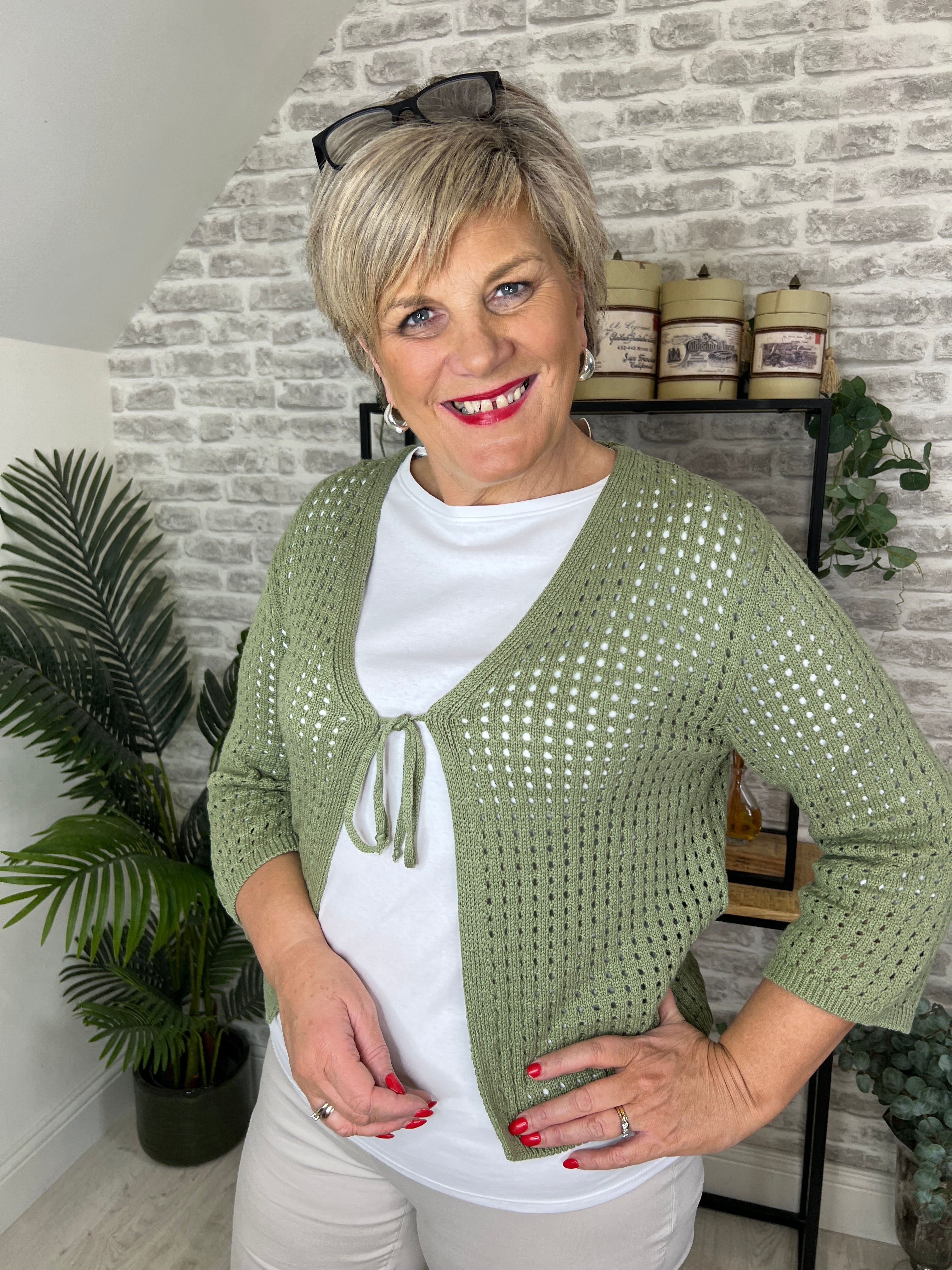 More & More Ajour Cardigan In Olive Green