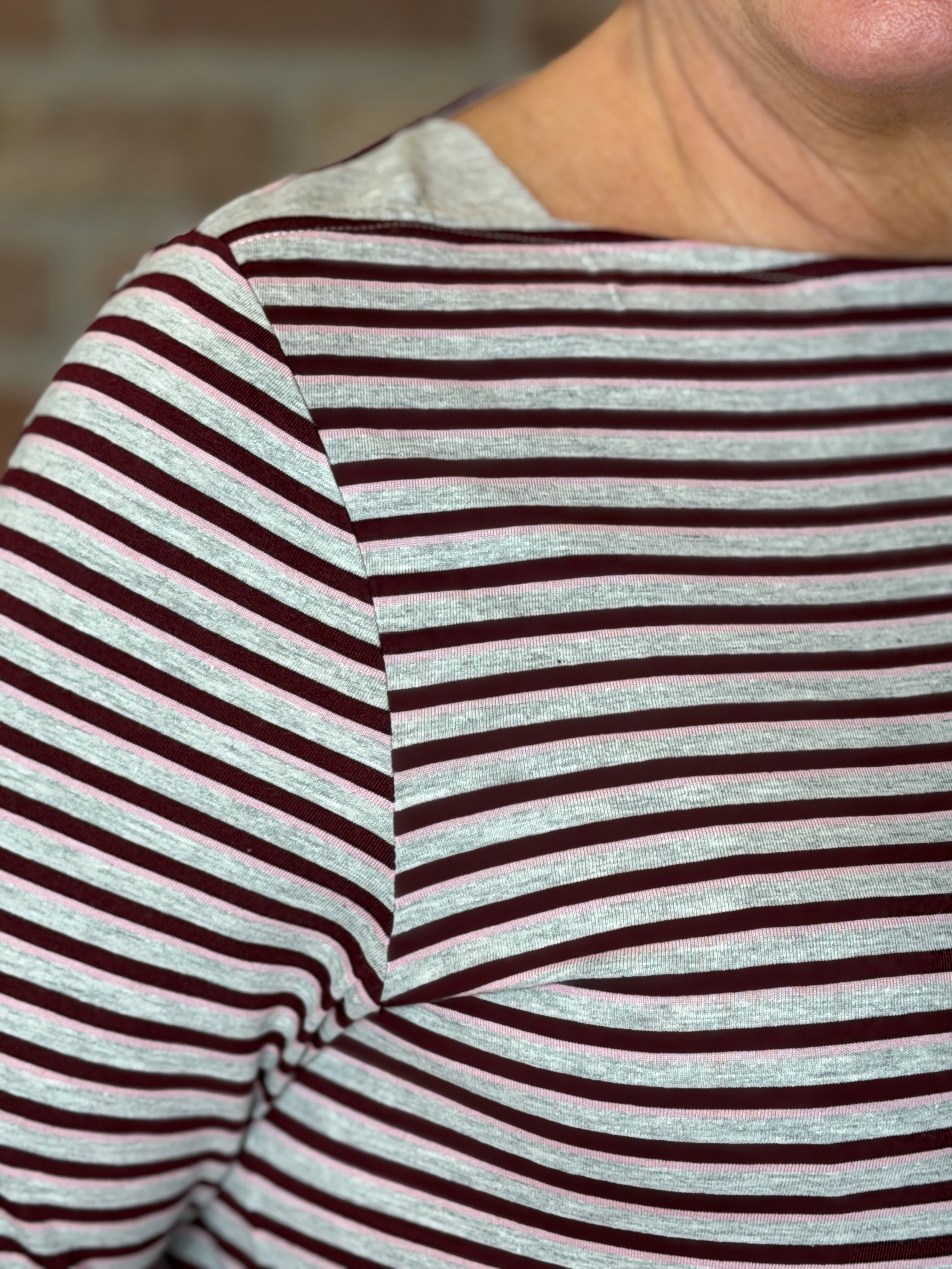 Striped boat neck top in light grey melange