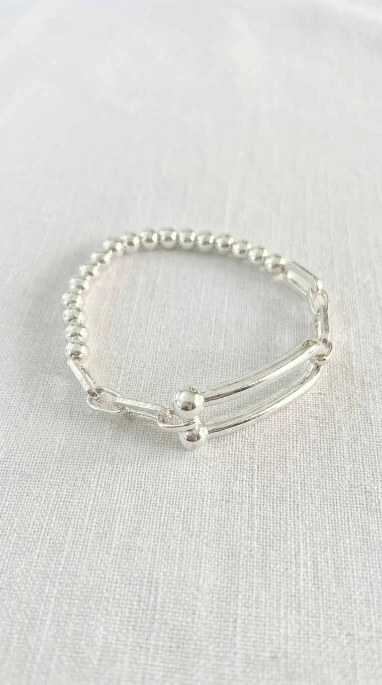 Silver beaded elasticated bracelet with bar design