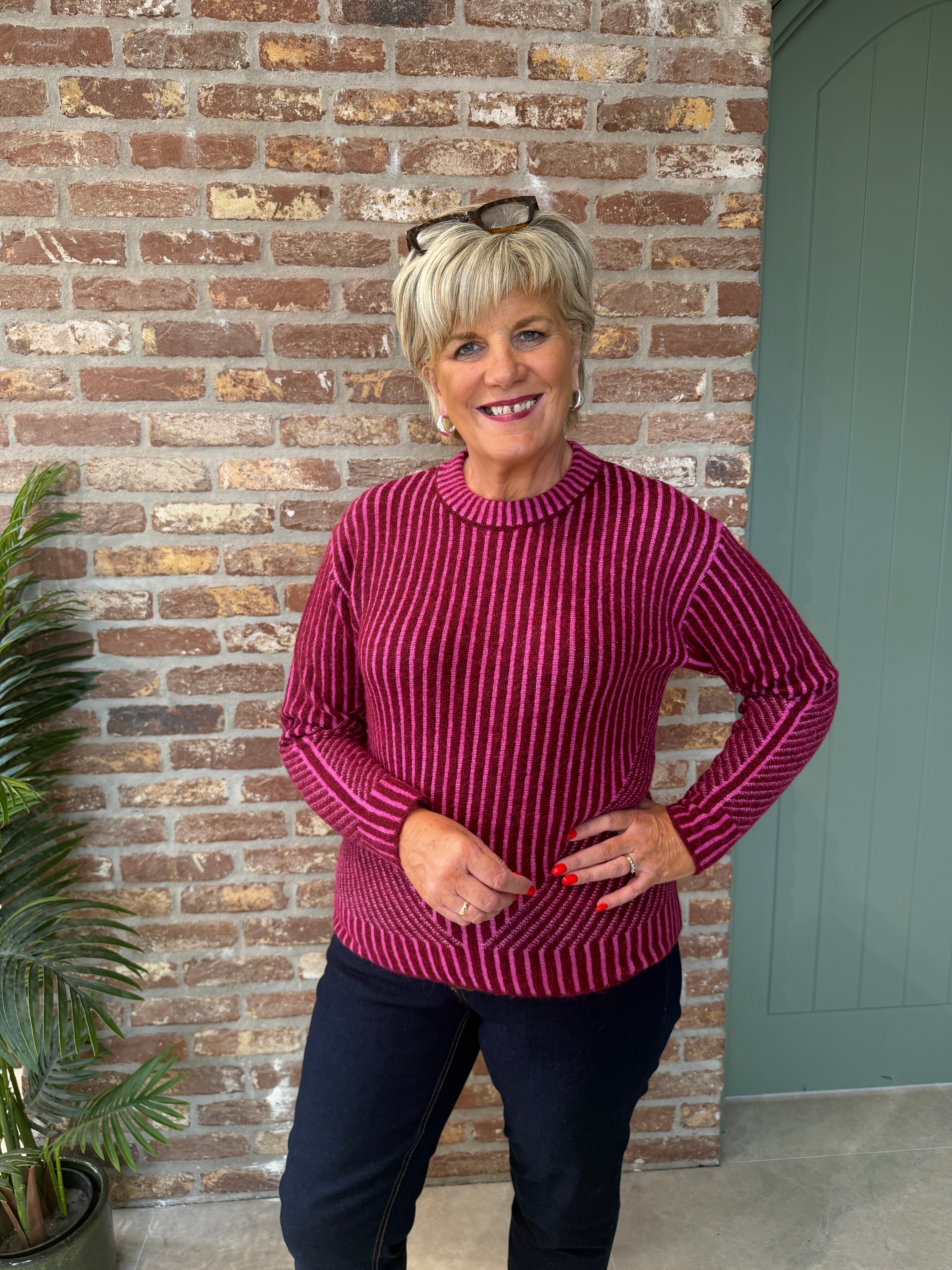 Stripe print pullover in pink & red multi