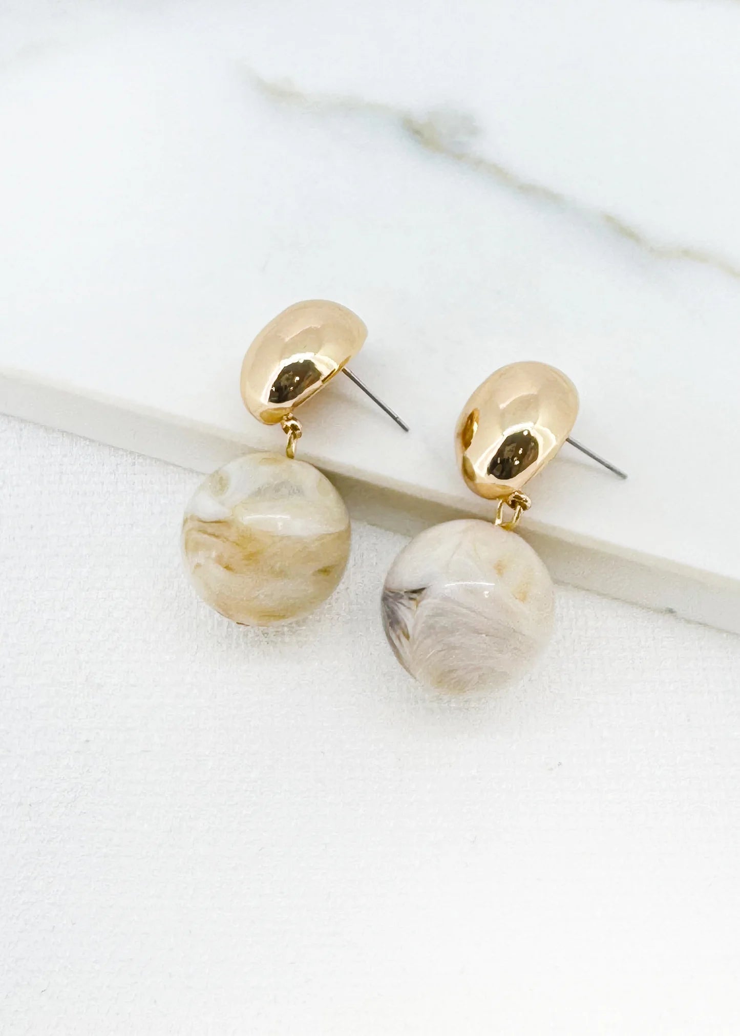 Envy Marble Stud Ball Earrings In Taupe & gold