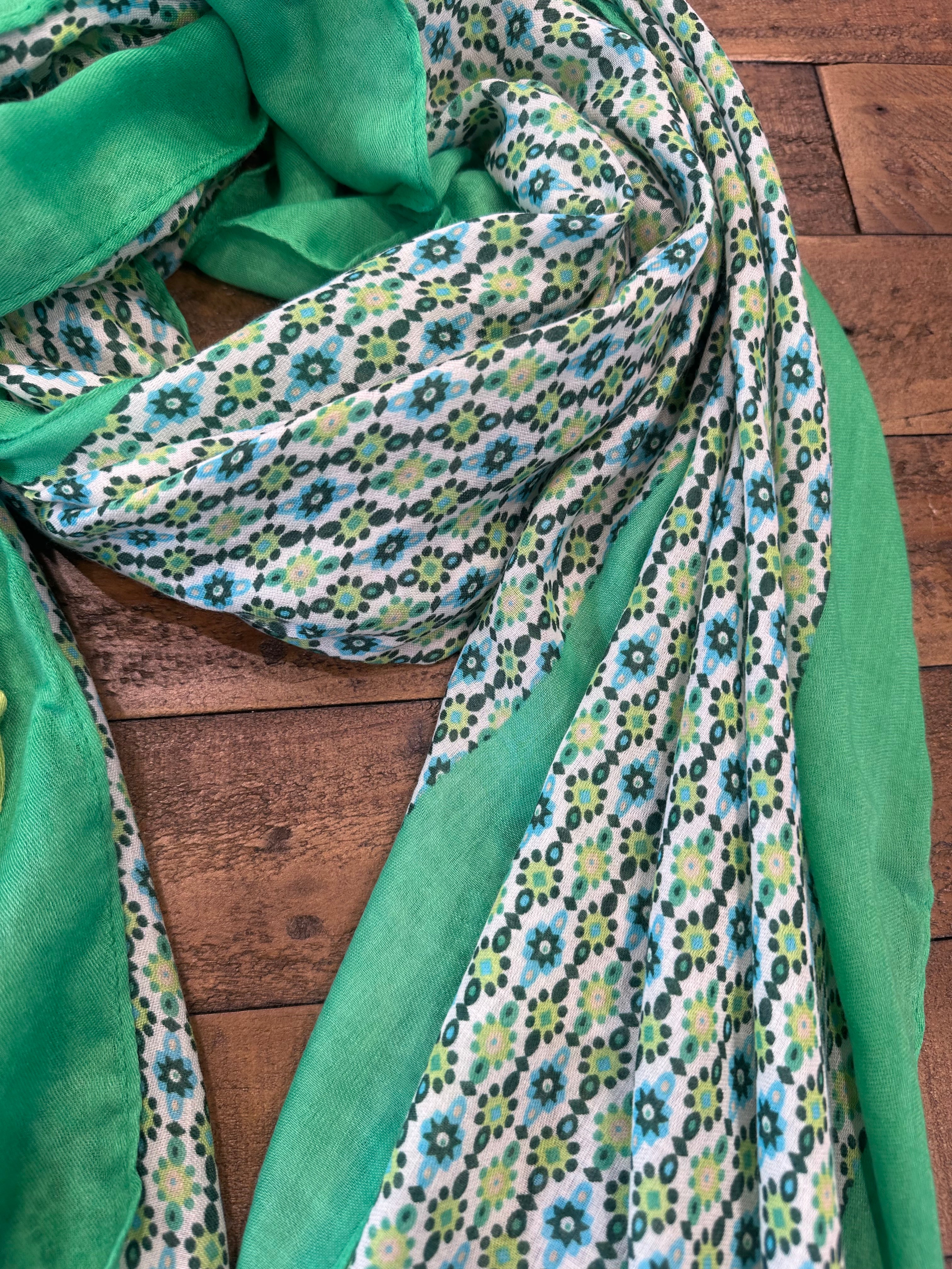 Polly Mini Flowers With Tassels Scarf In Green