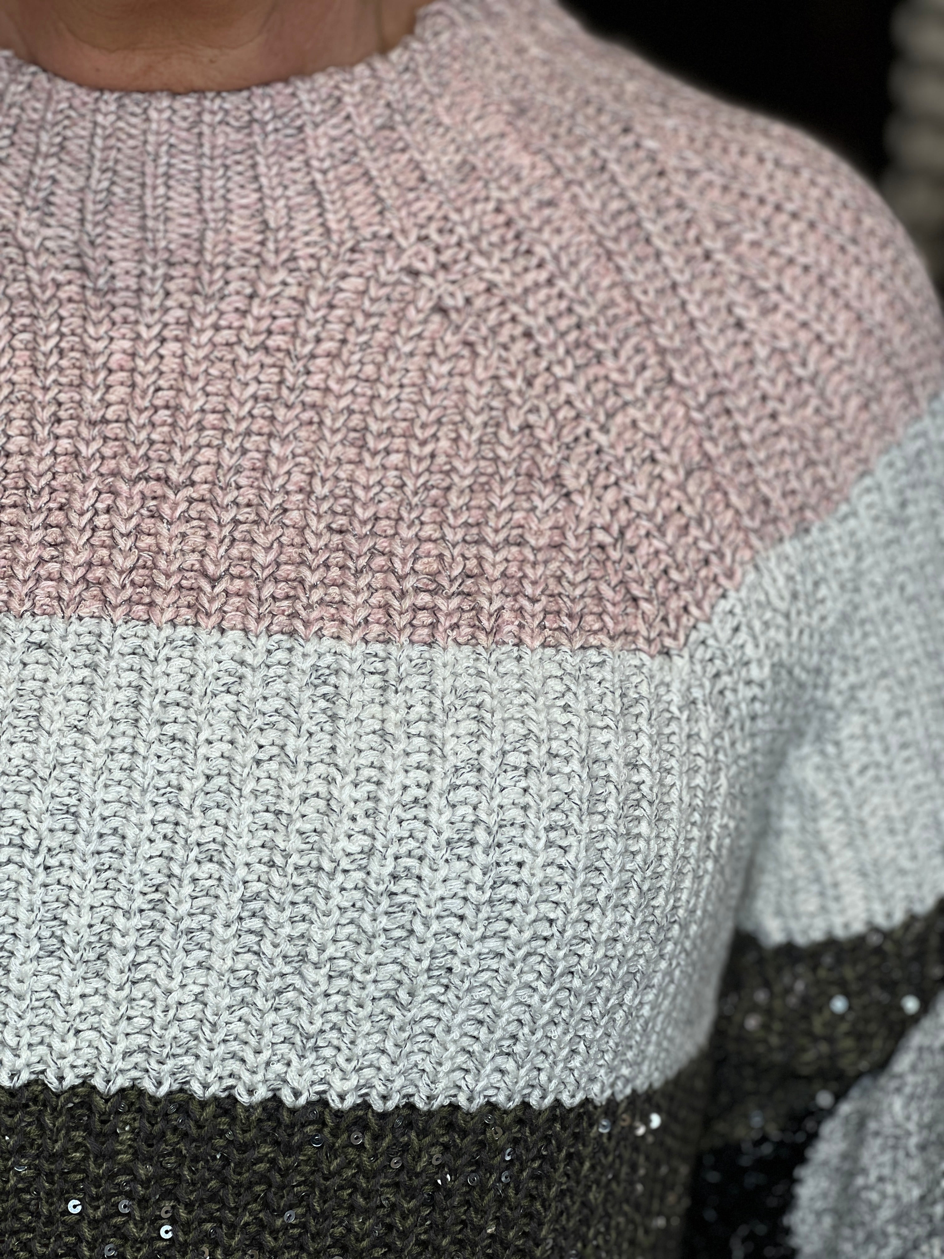 Oui Block Striped Pullover In Khaki Rose