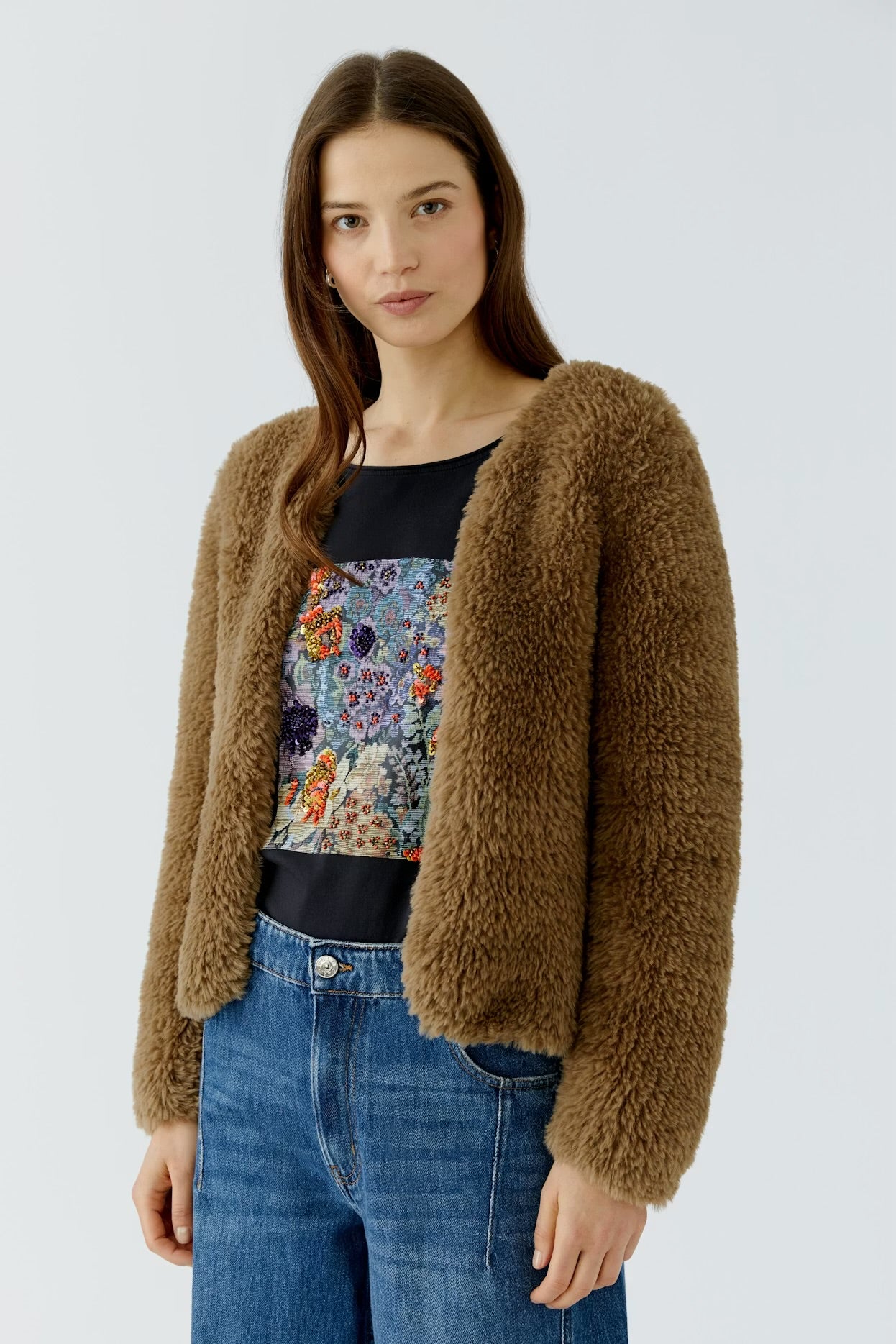 Oui Faux Fur Cardigan In Brown
