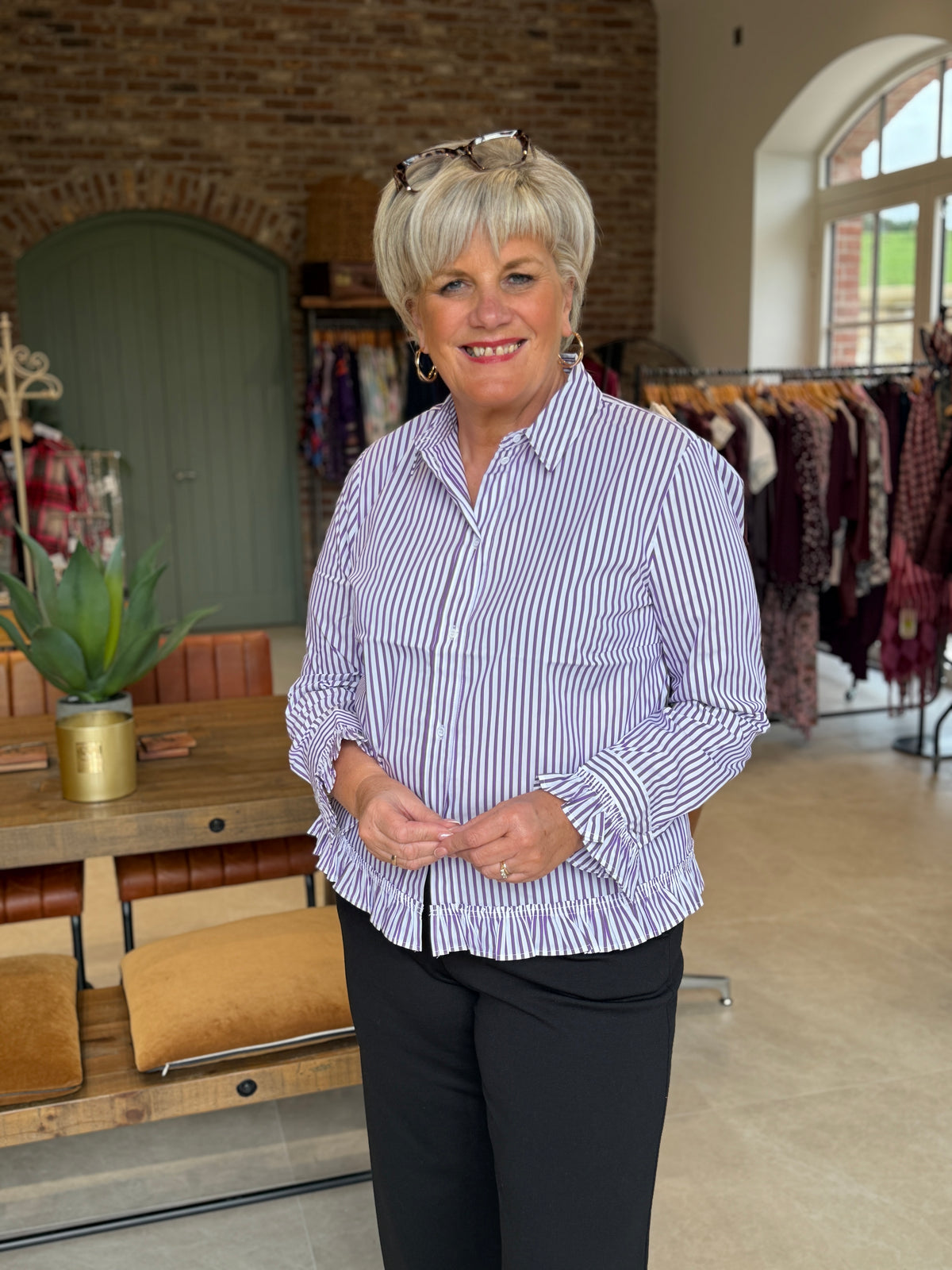 Striped shirt blouse in white & violet