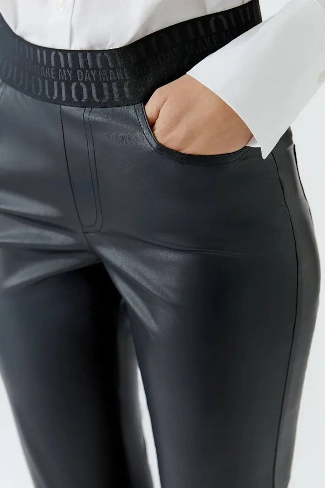 Leather look pull on trousers in black