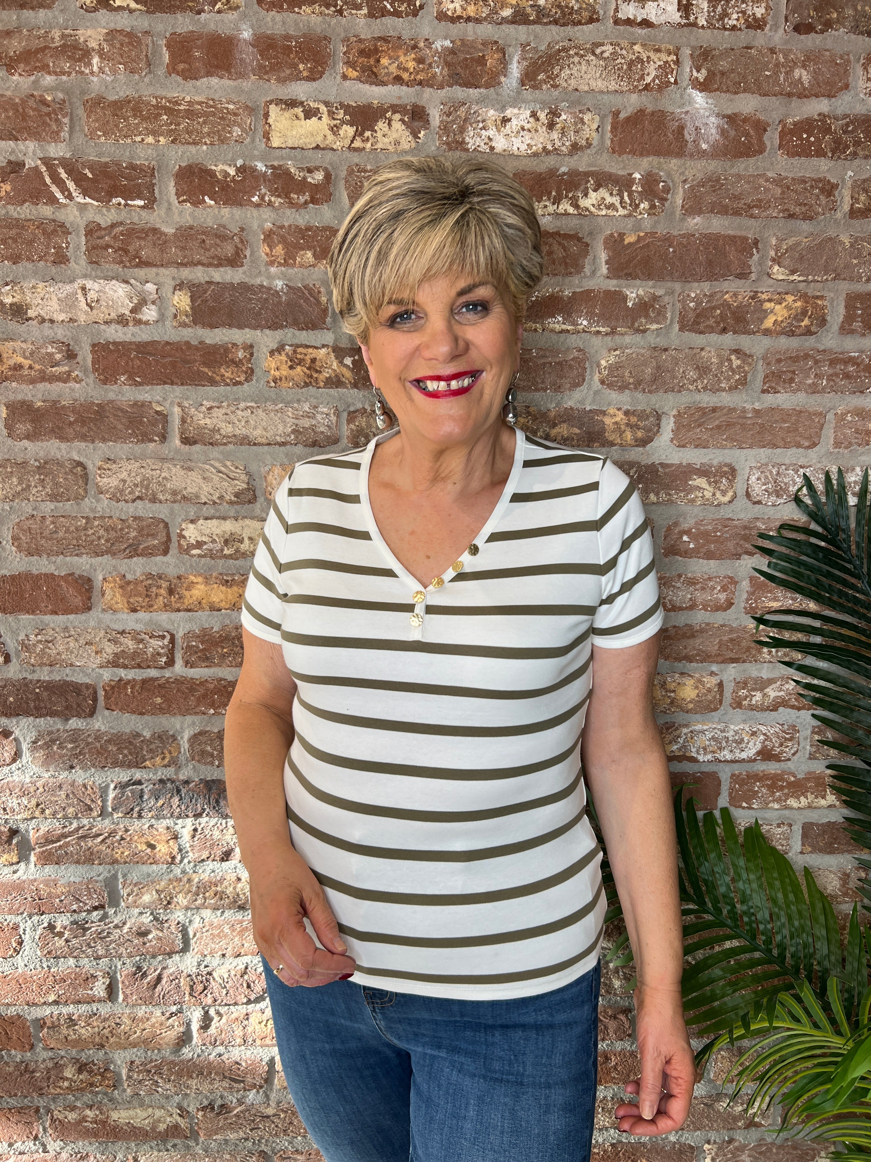 Oui Striped T-shirt In White & Khaki