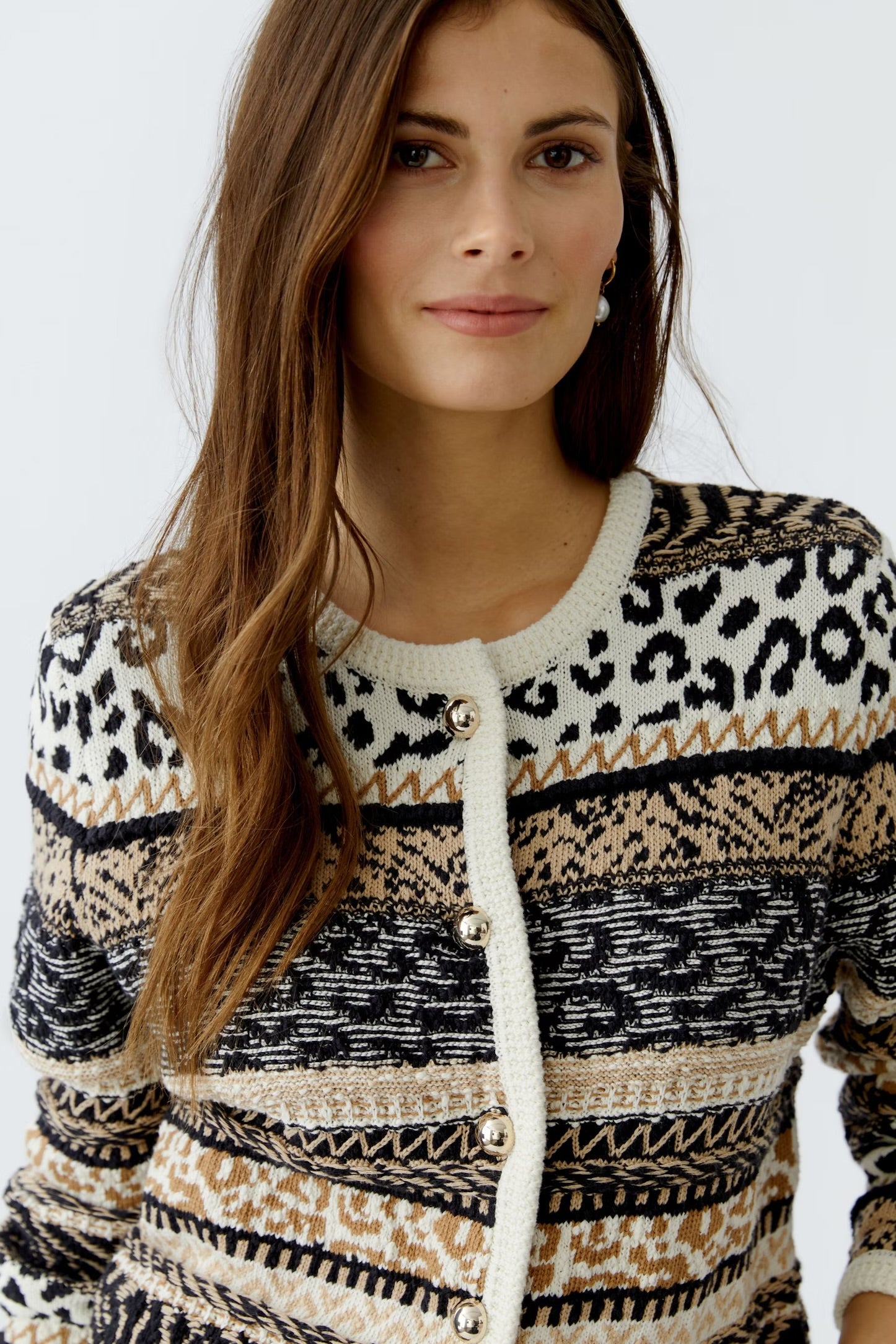Oui Striped Animal Print Cardigan In Off white & Black