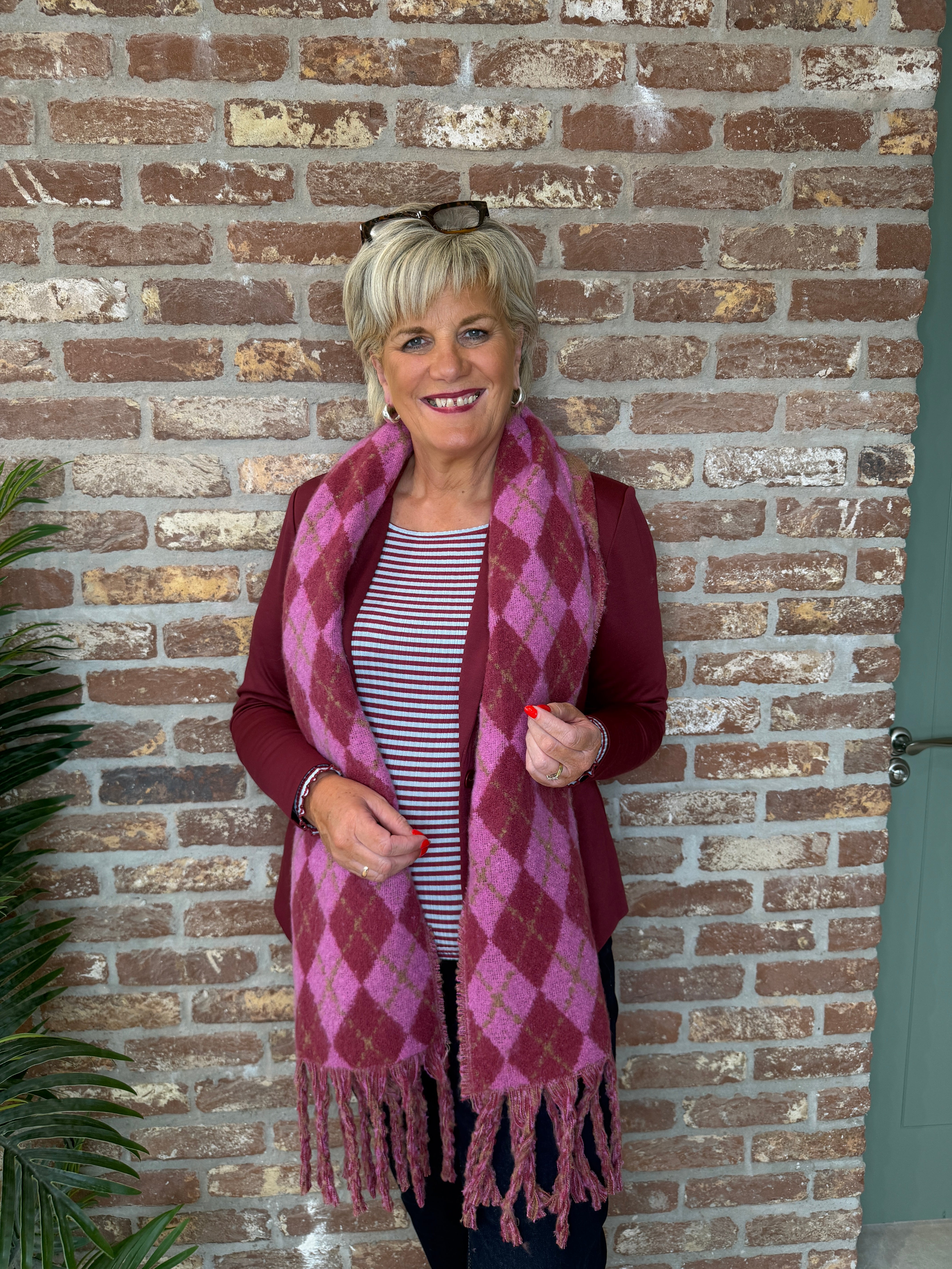 Patterned Tassel Scarf In Red multi