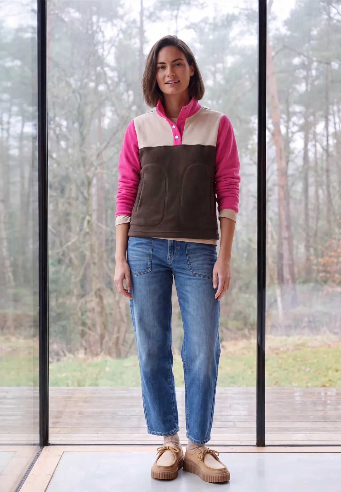 Colour block fleece in pink flash