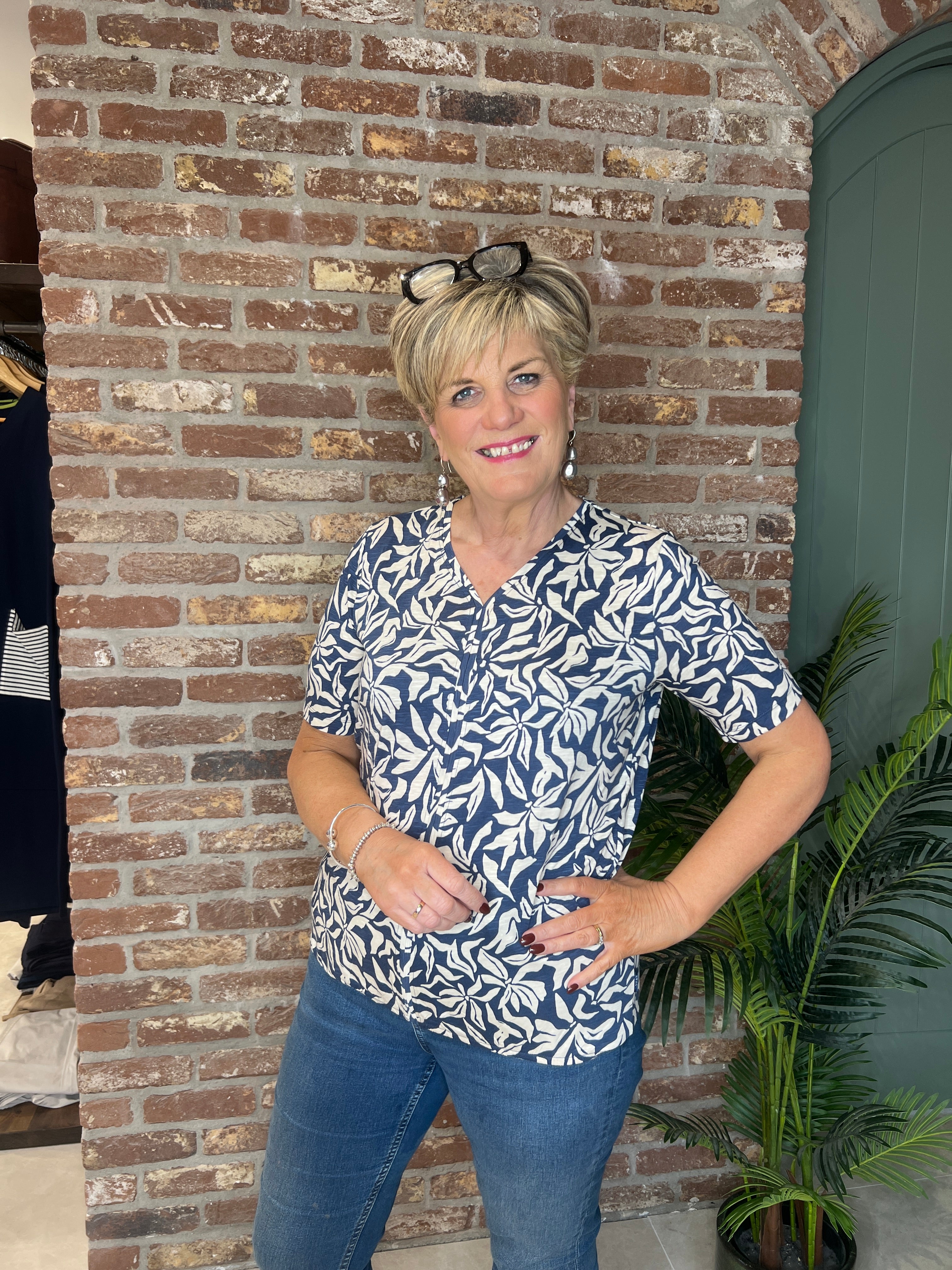 Cecil Multi v-neck Top In sporty denim