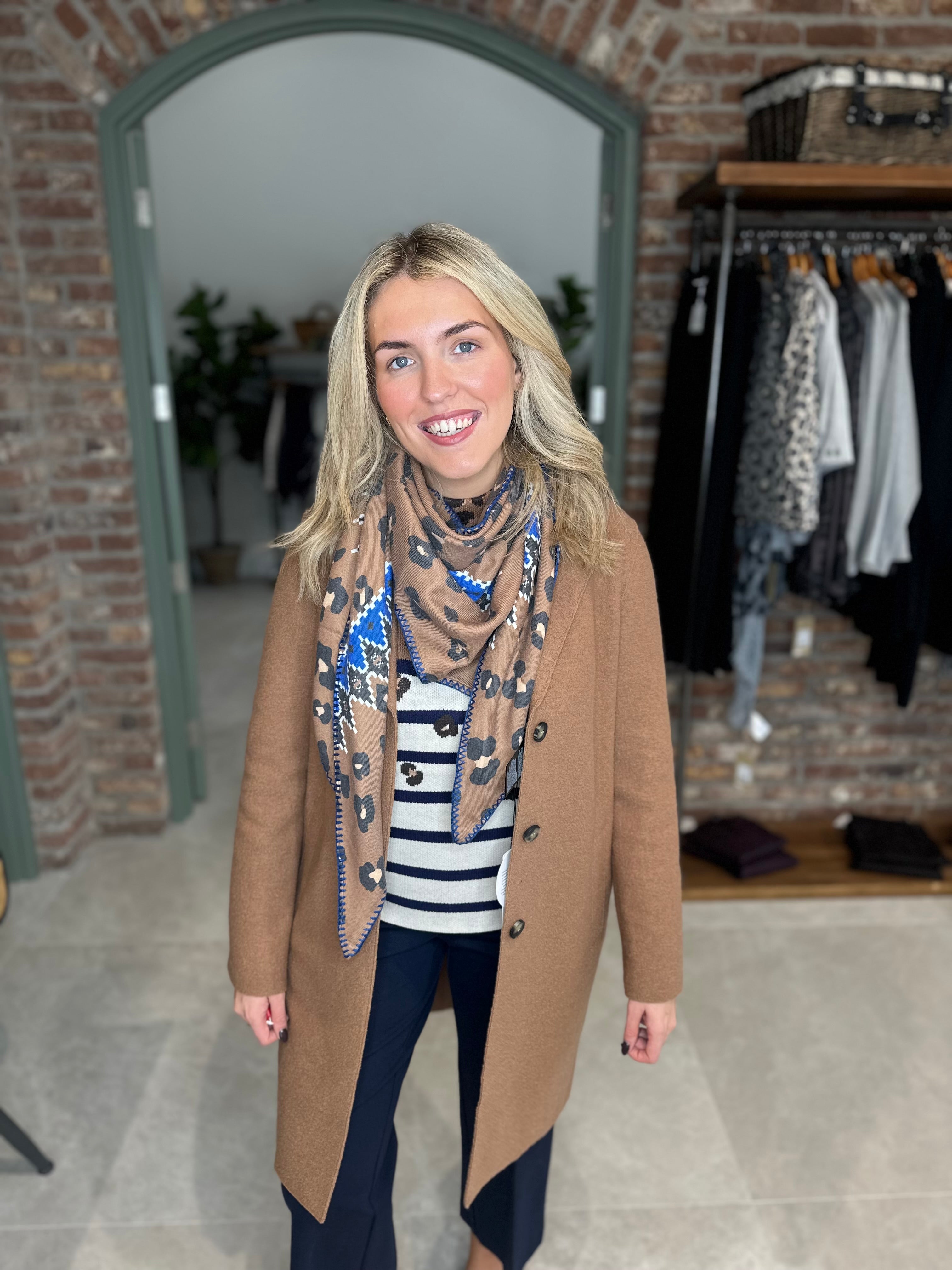 Oui Triangle Scarf In Dark Camel & Blue