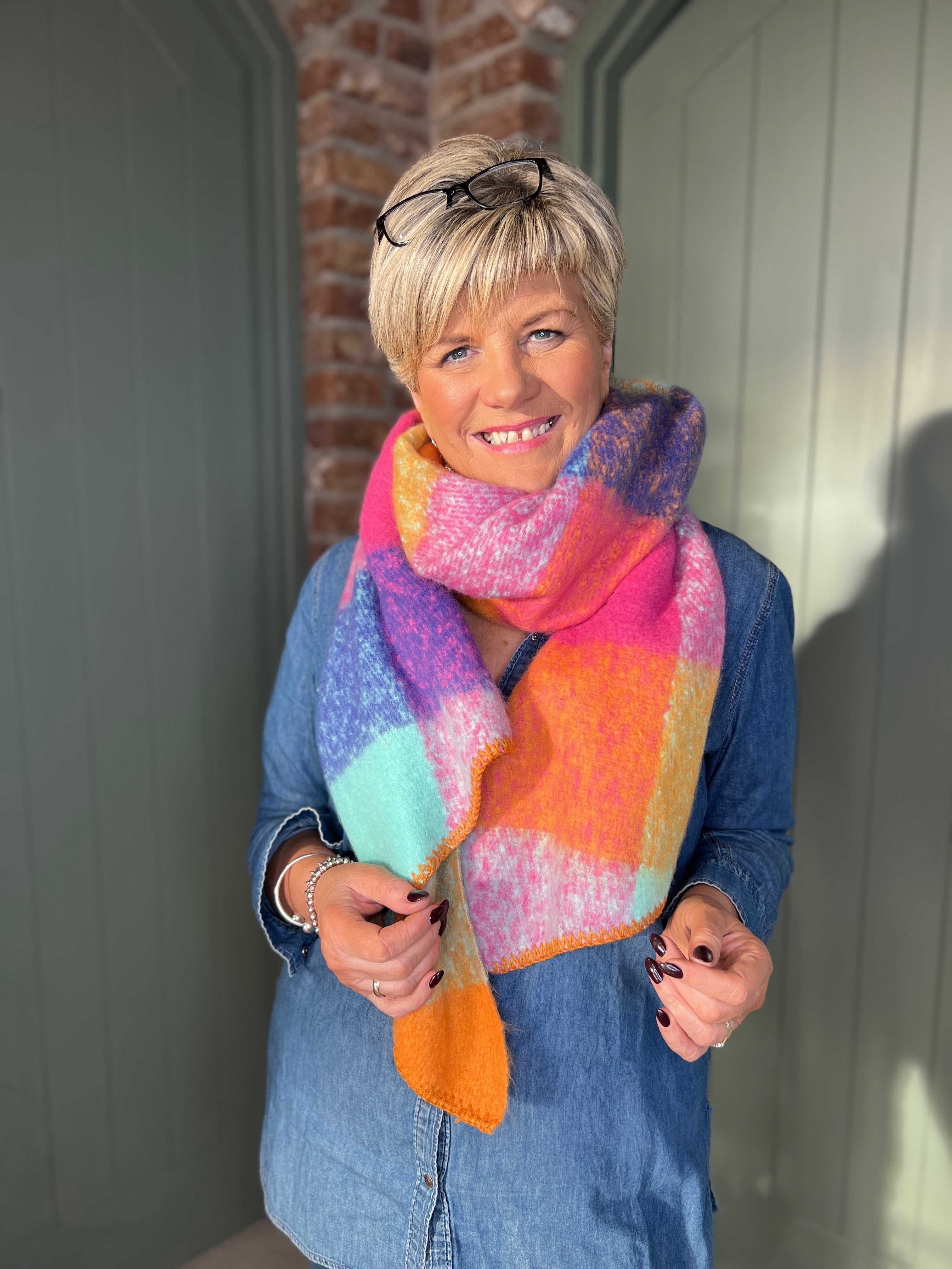 Sophie Tartan Angled Scarf In Pink Multi