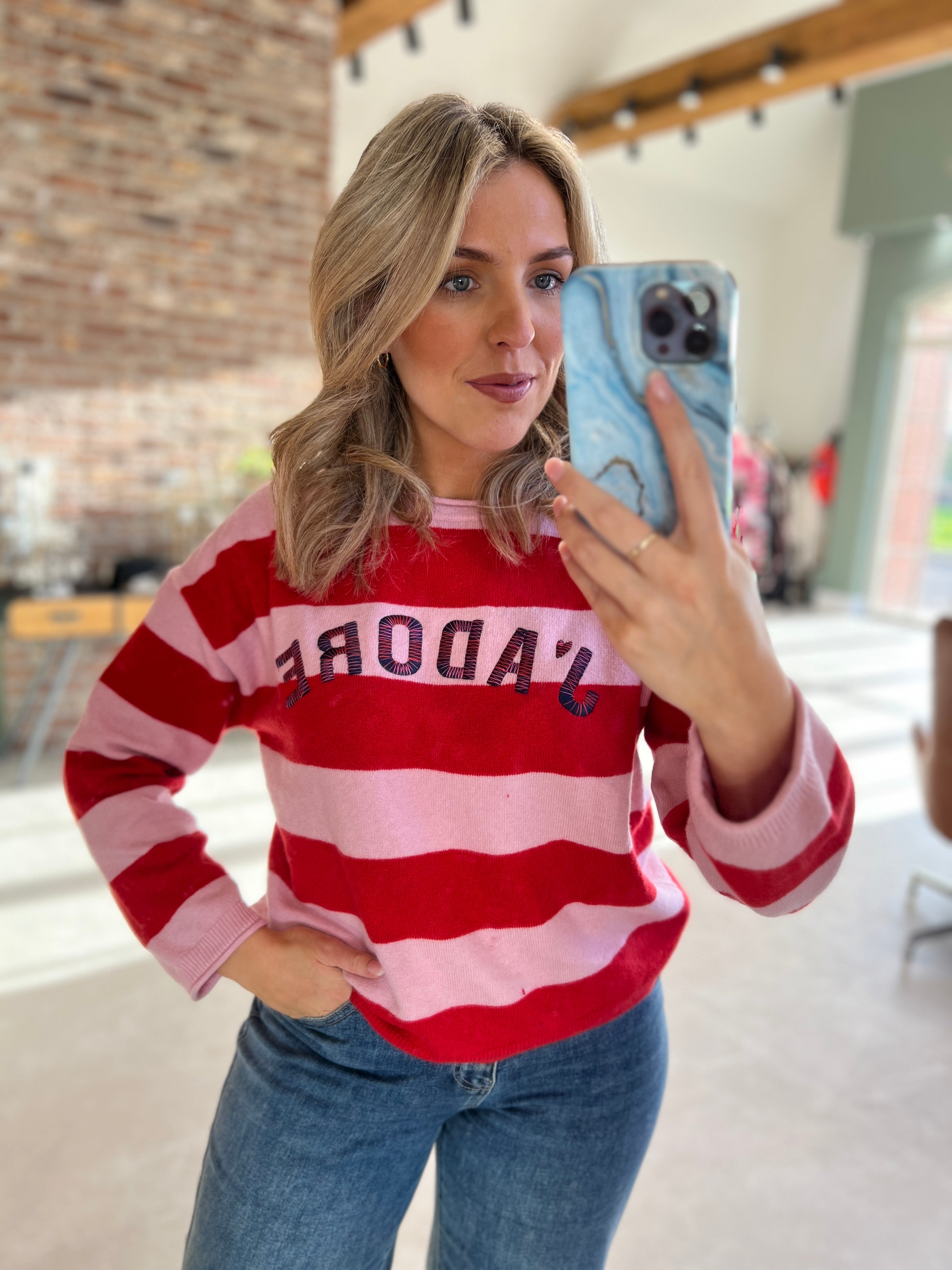 Oui Jadore Striped Pullover In Pink Rose