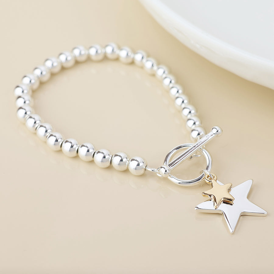 Pom Star Charms Beaded Bracelet In Silver Plated