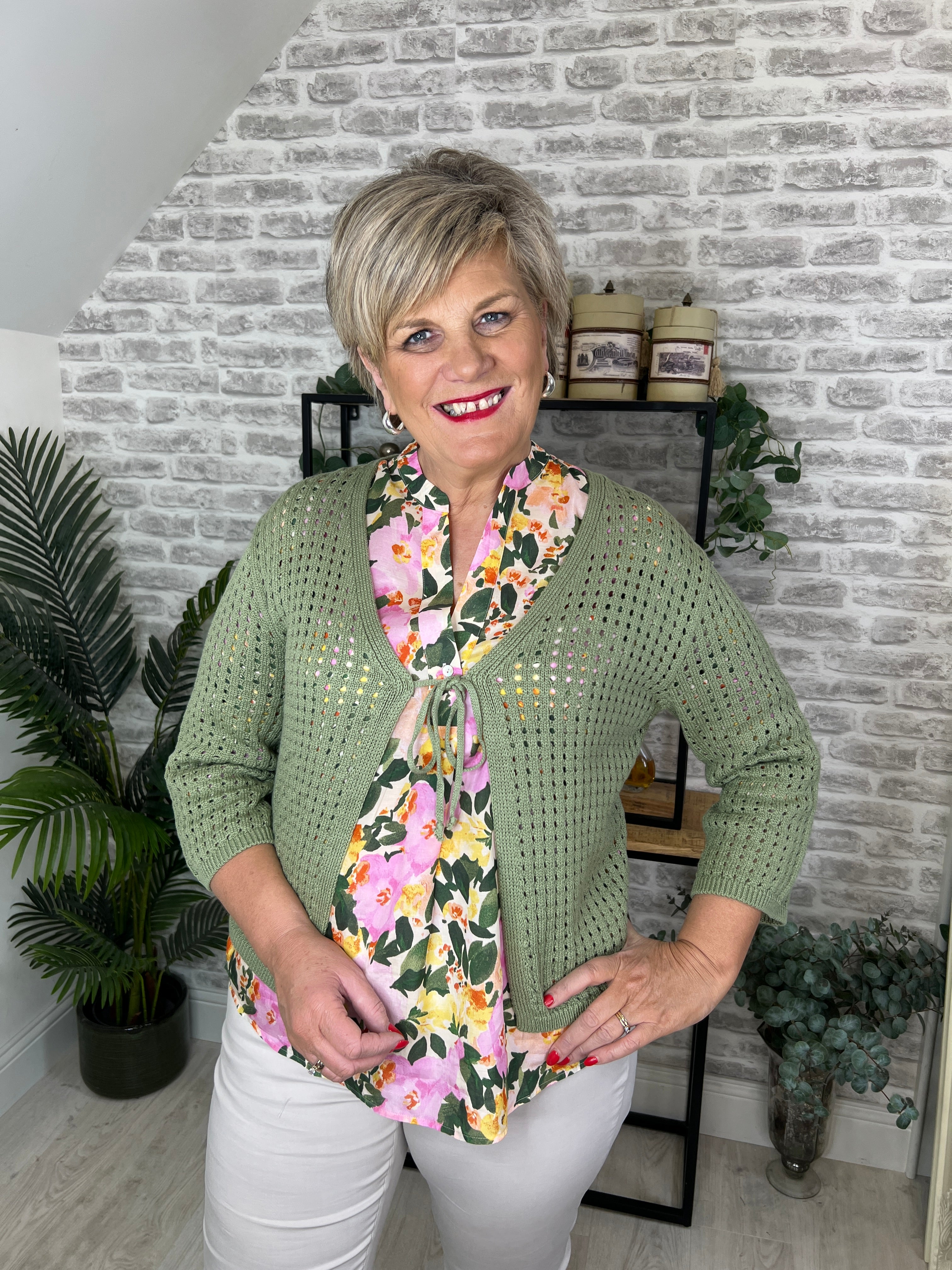 More & More Ajour Cardigan In Olive Green