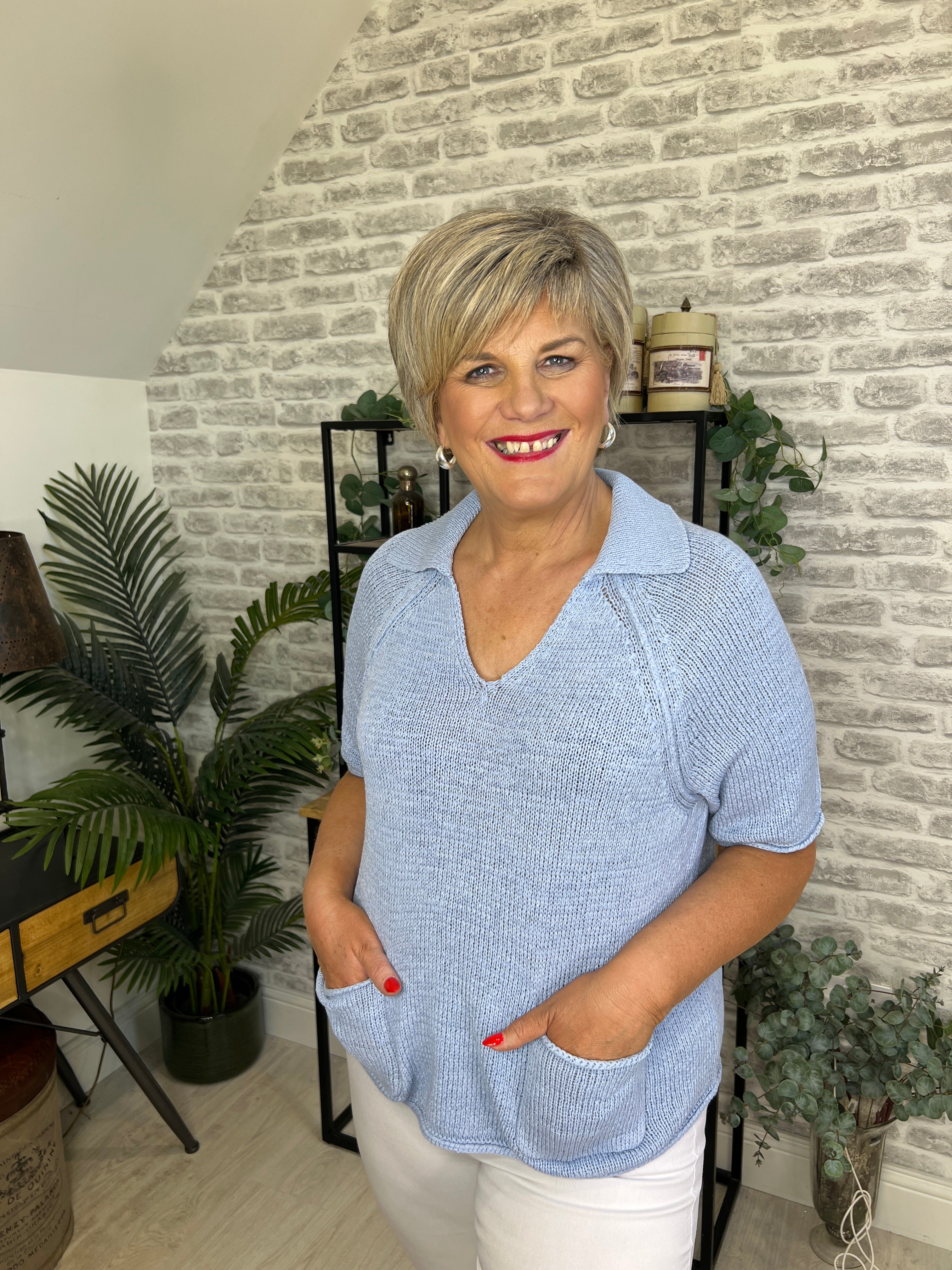 Oui Pullover With Collar In Powder Blue