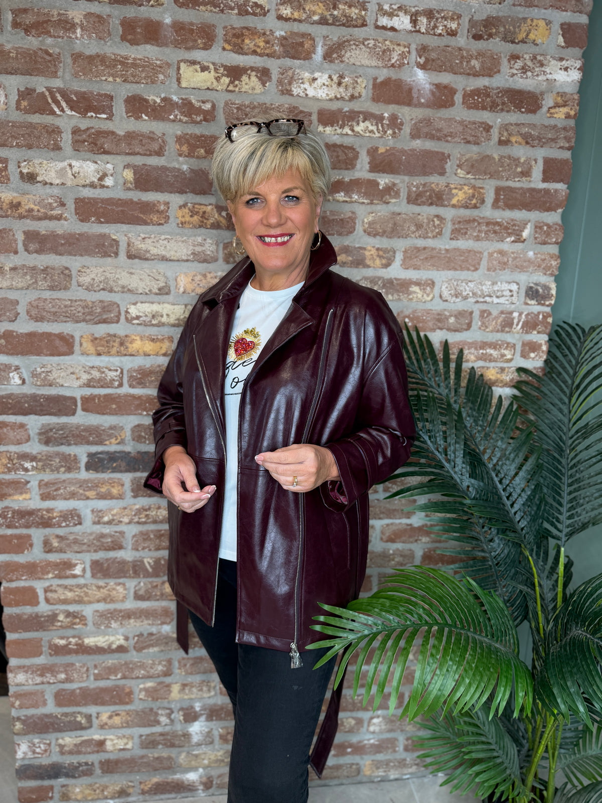 Faux leather biker style jacket in Burgundy