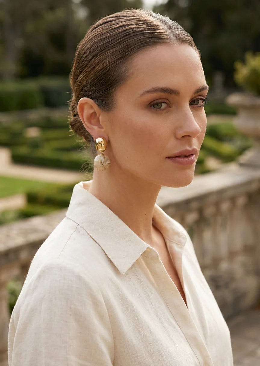 Envy Marble Stud Ball Earrings In Taupe & gold