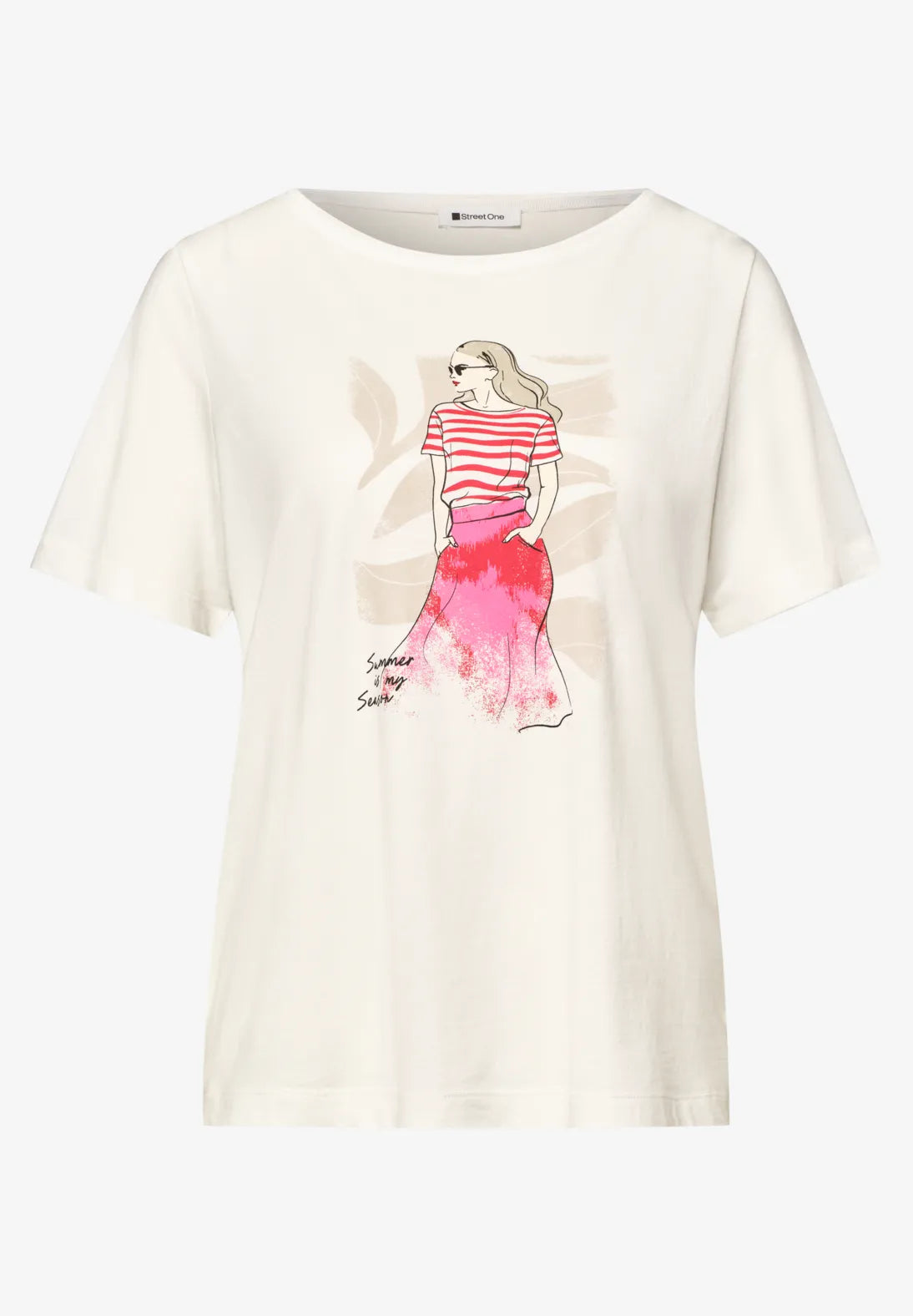 Street One Red lady print T-shirt In Off White