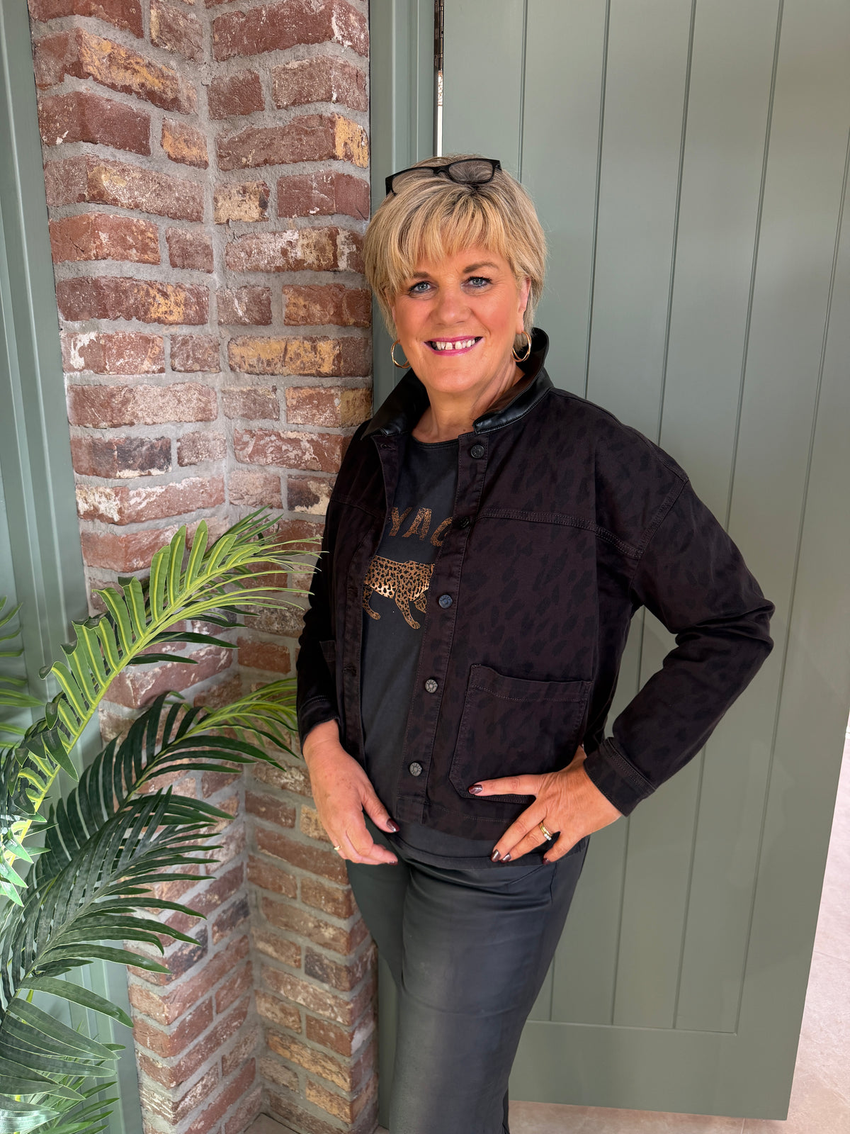 Leo print denim jacket in brown & black mix