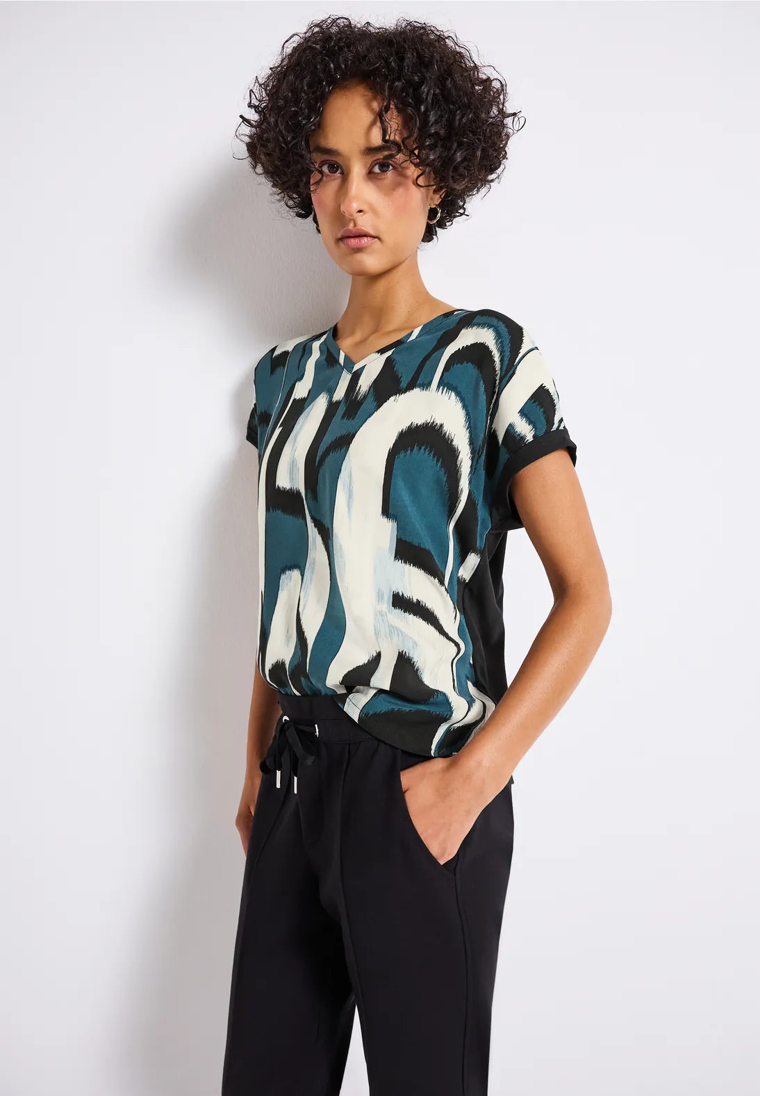 Street One V-Neck Patterned Top In Tide Blue