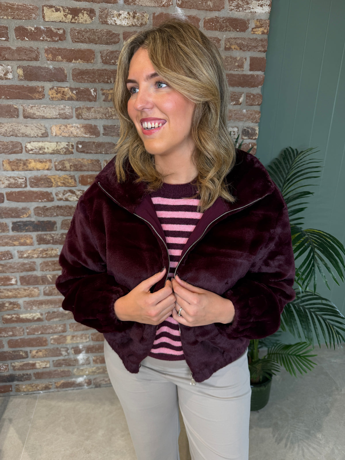 Faux fur jacket in bramble berry