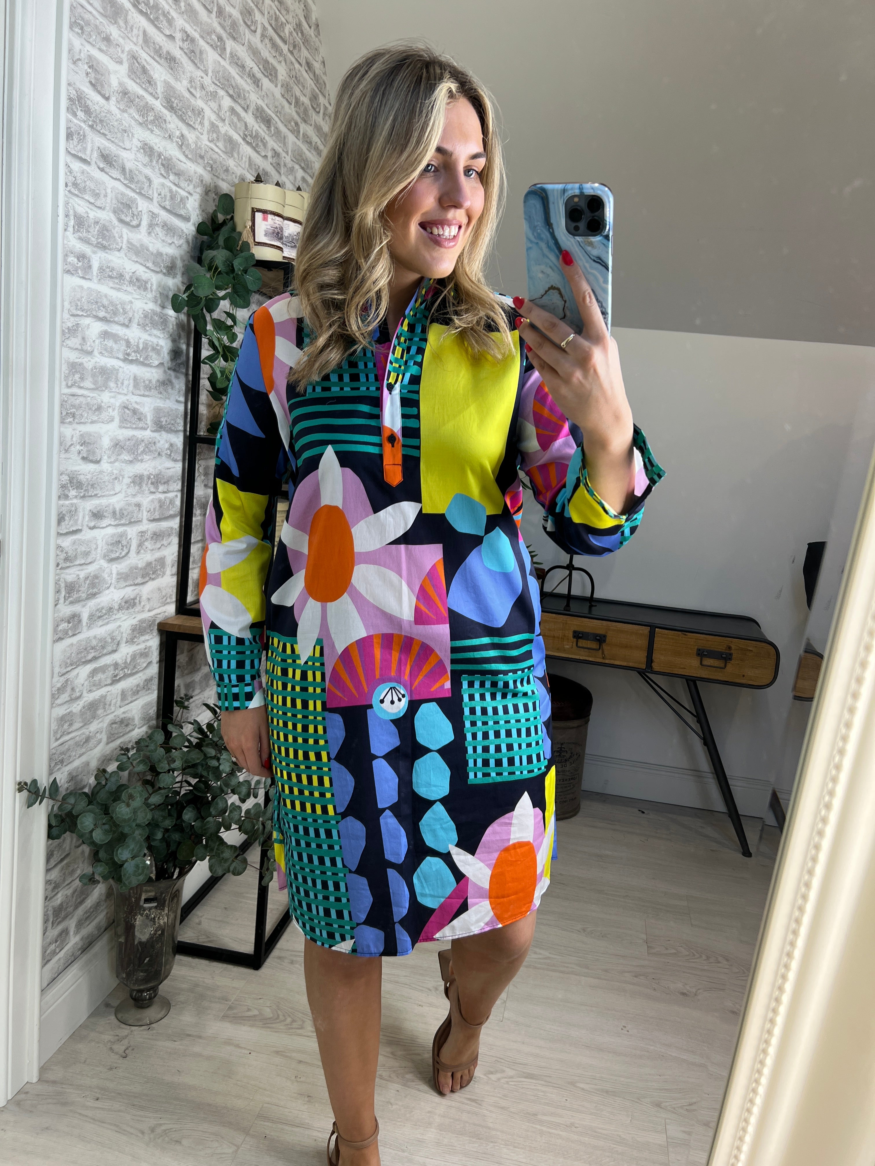 Milano Italy Printed Dress In Navy