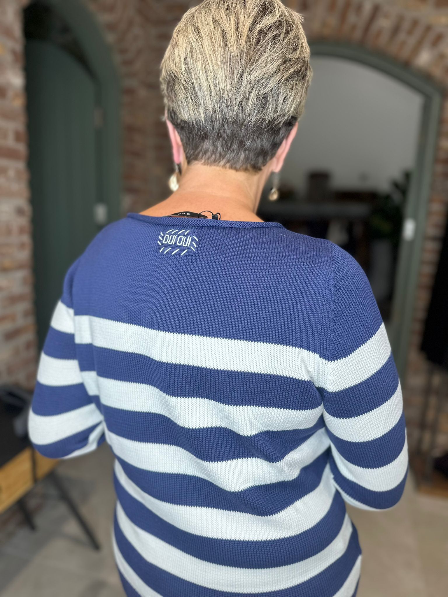 Oui Pullover With Stripes In Off White & Blue