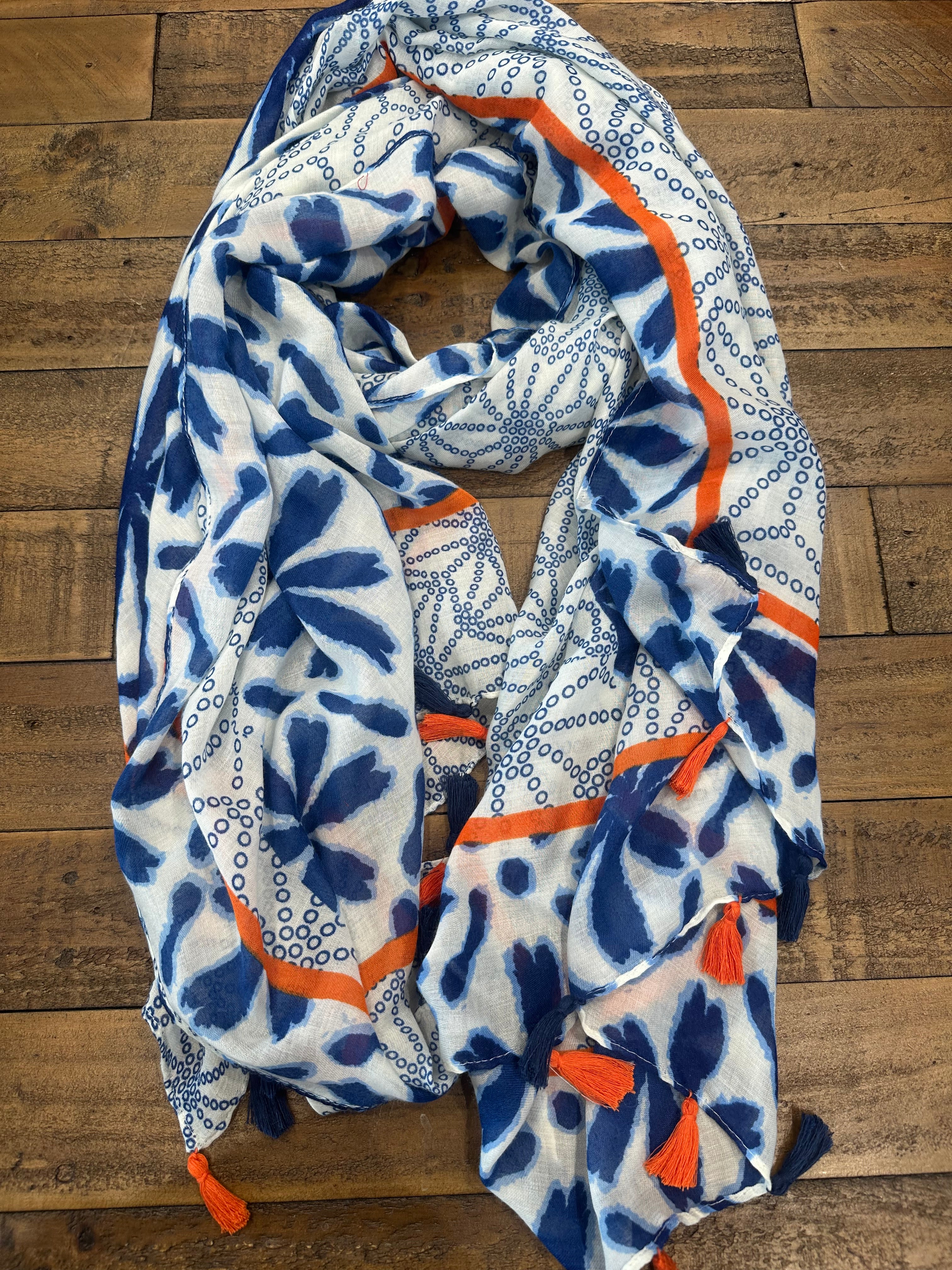 Olivia Tassel Leaves Scarf In Denim Blue