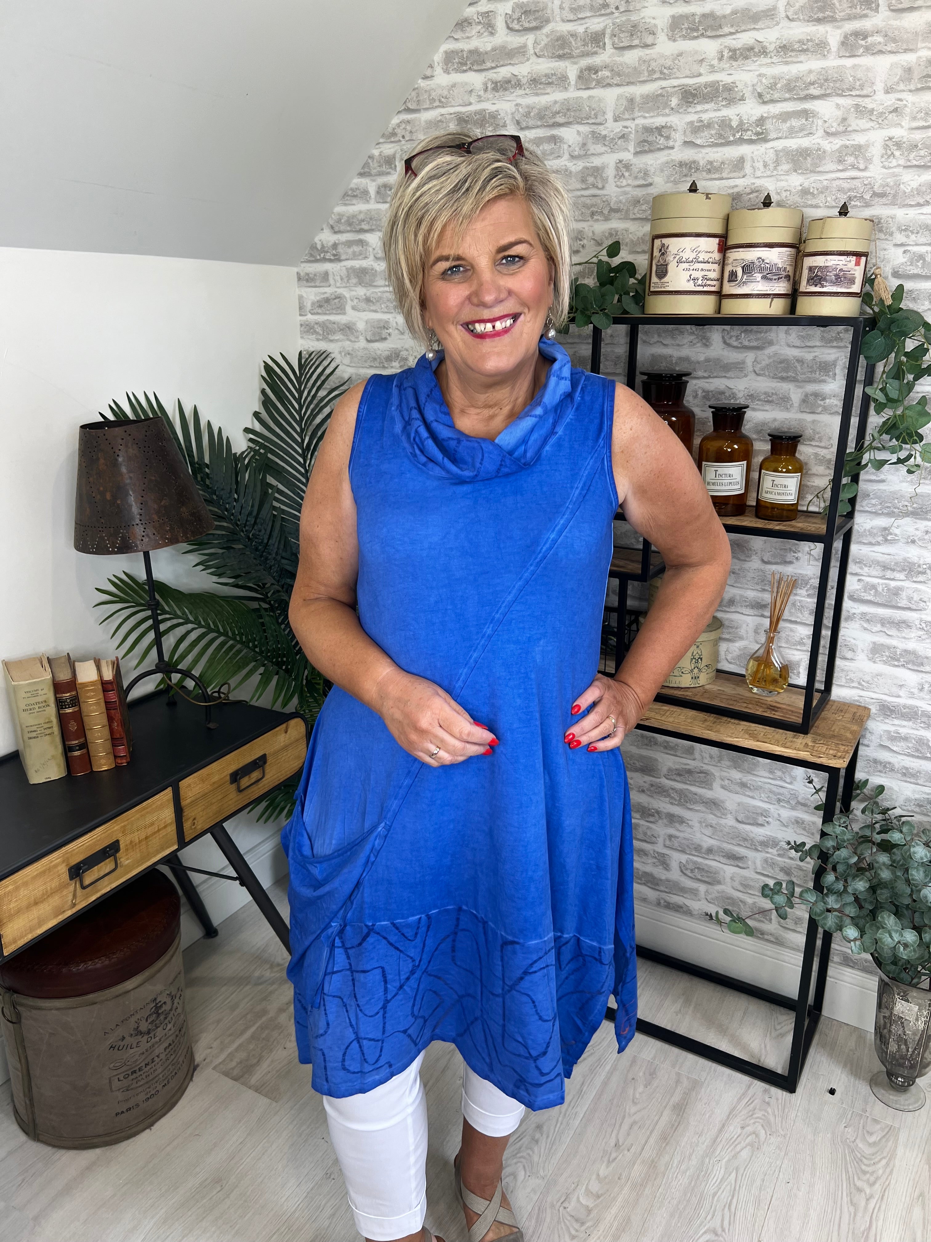 Luukaa Patterned Cowl Neck Tunic In Blue