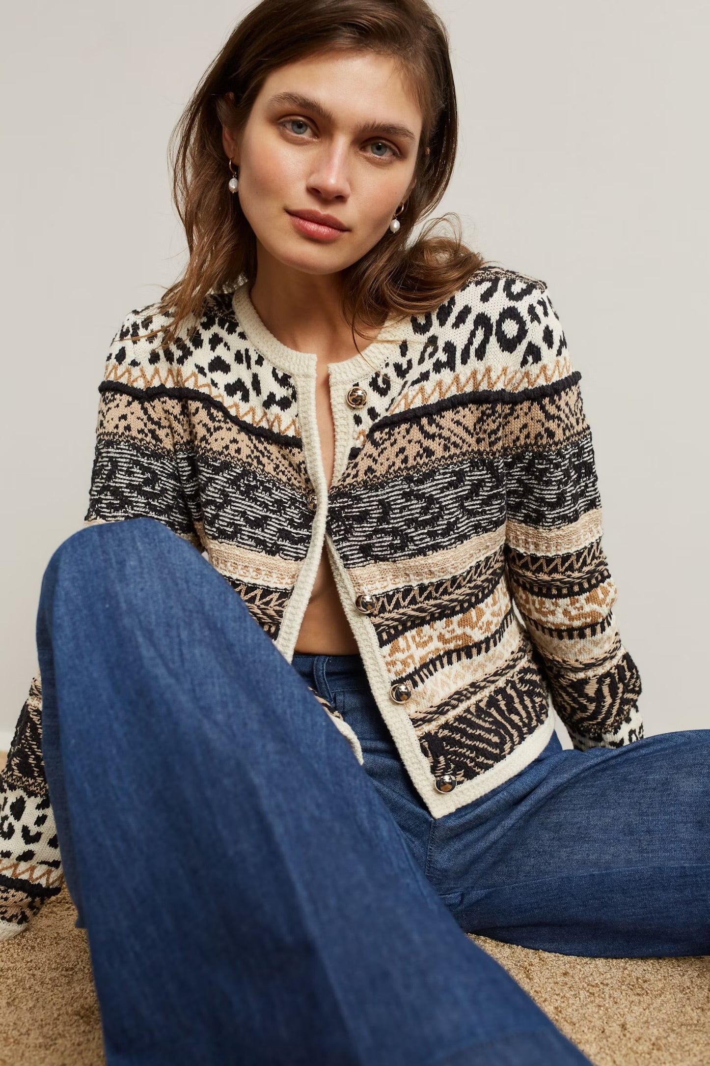 Oui Striped Animal Print Cardigan In Off white & Black