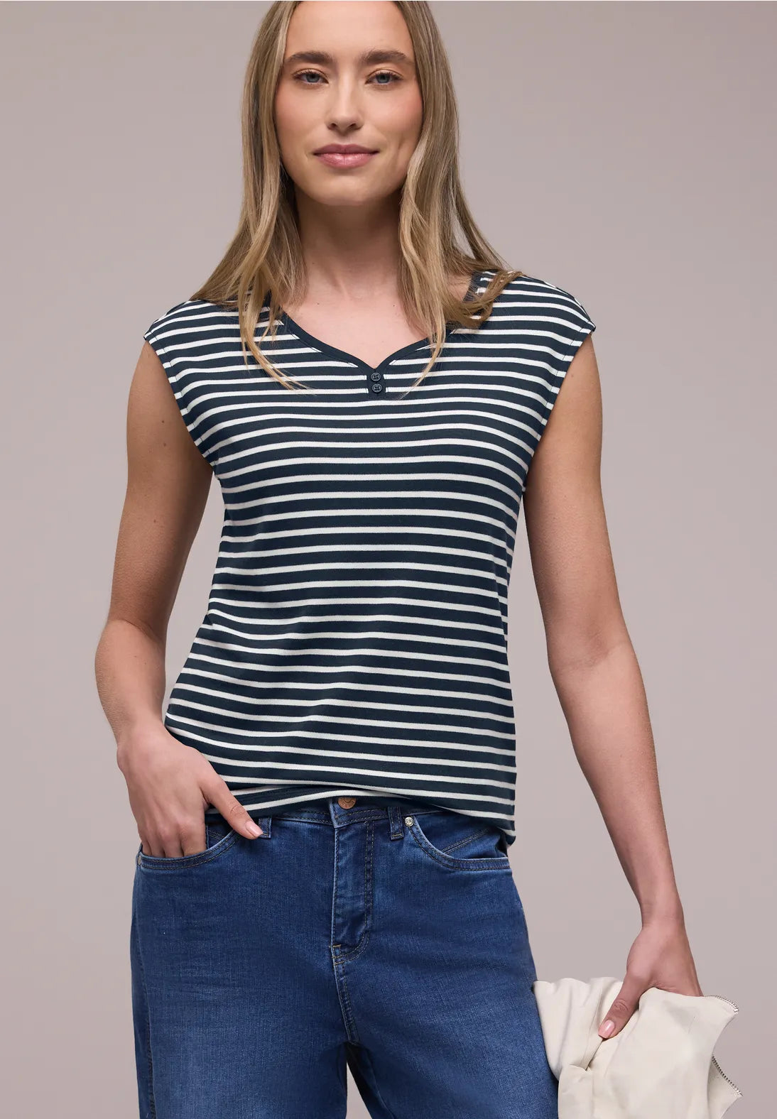 Street One Striped Sleeveless Top In navy