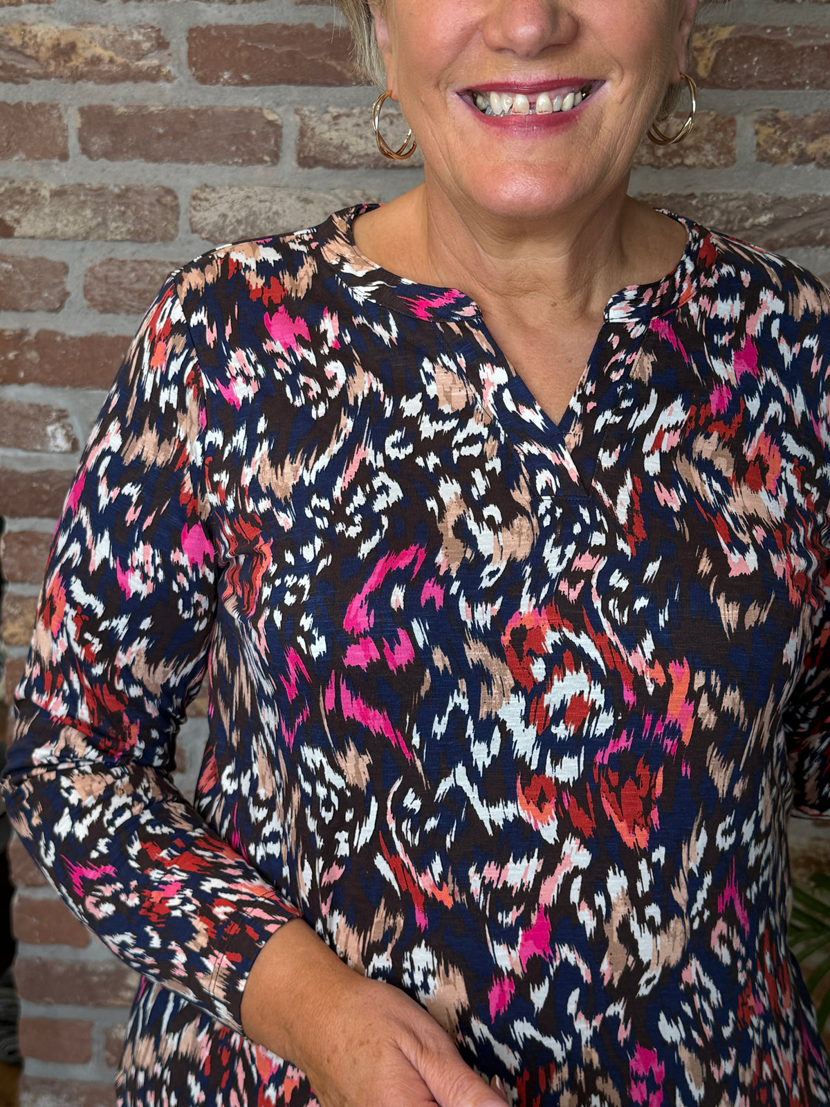 Split neck patterned top in truffle brown