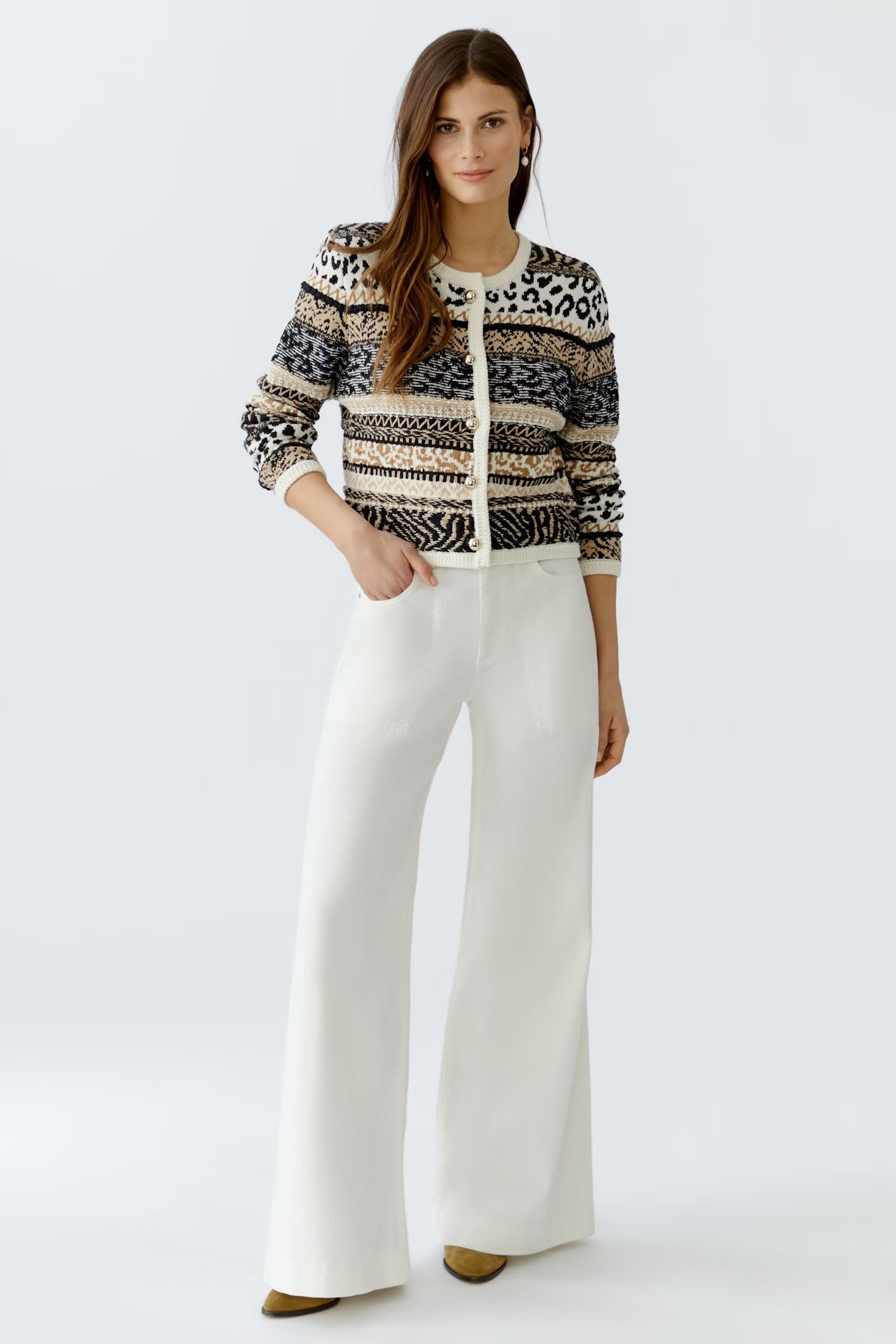 Oui Striped Animal Print Cardigan In Off white & Black
