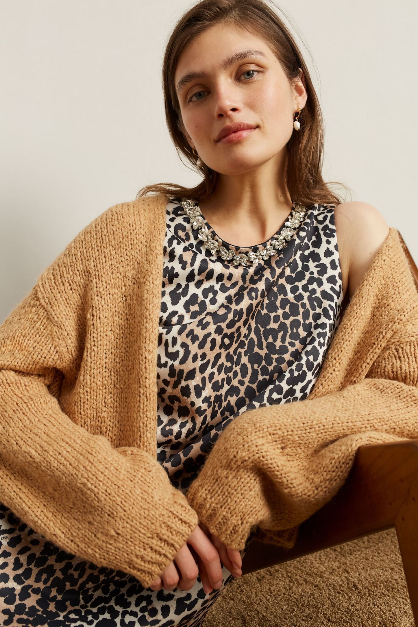 Oui Leo Print Dress In Dark Camel & Black