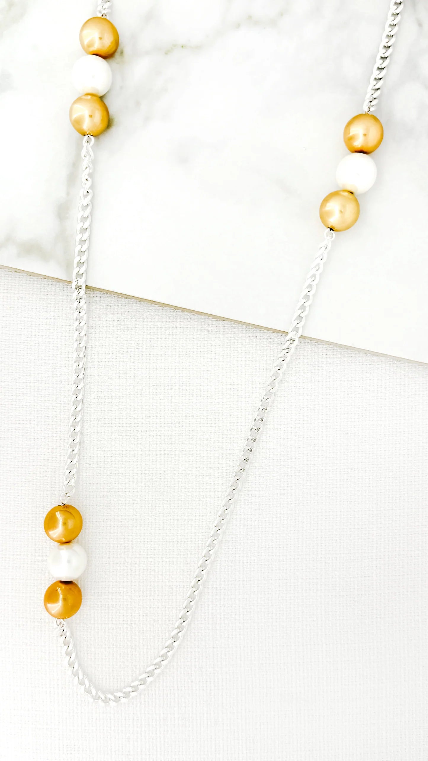 Envy long Necklace With gold & peal balls In Silver