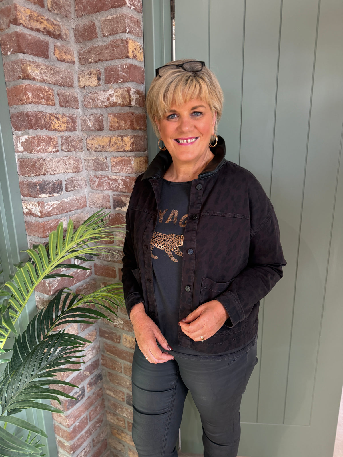 Leo print denim jacket in brown & black mix