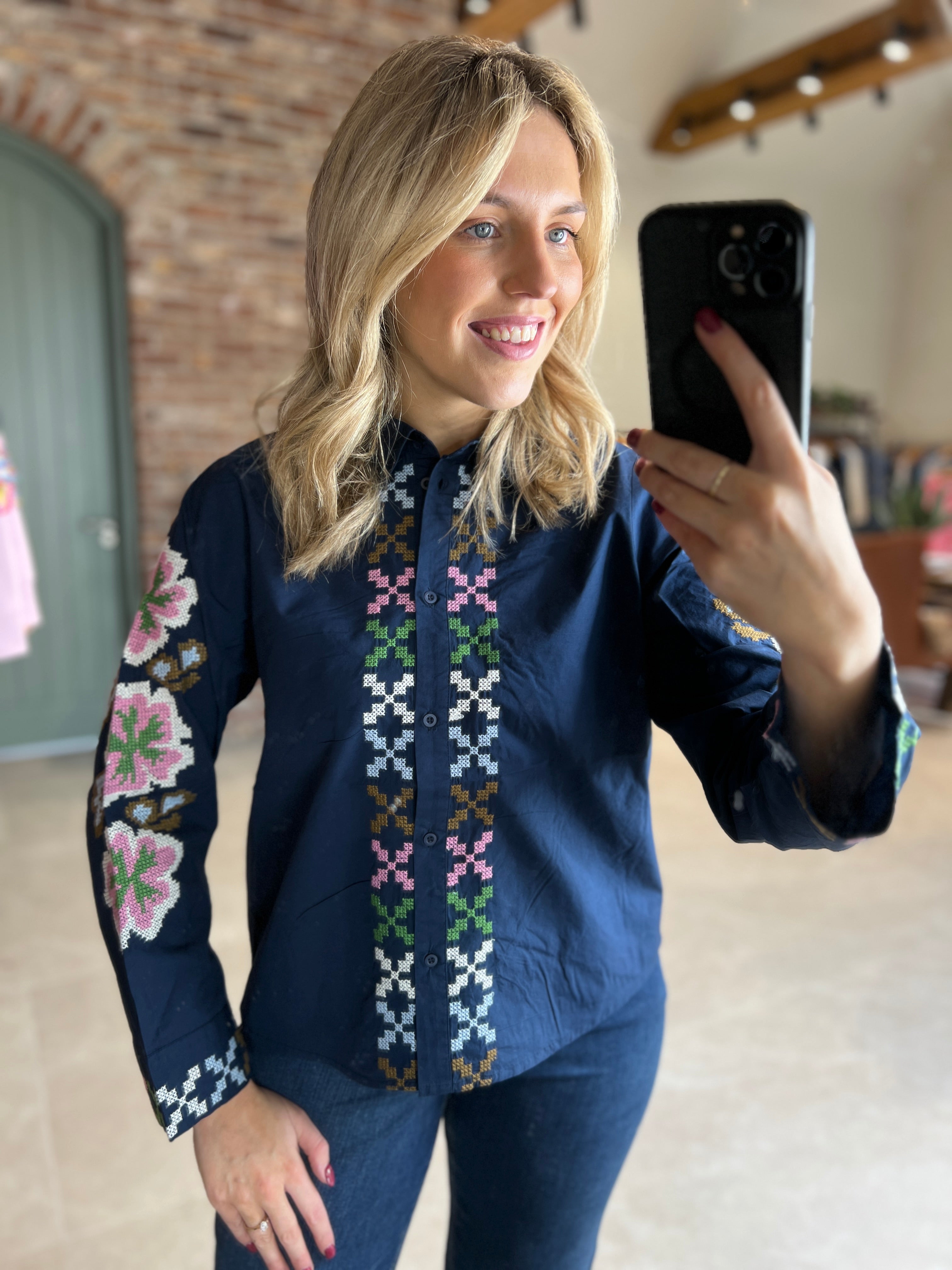 Culture Embroidery Shirt Dress Blues