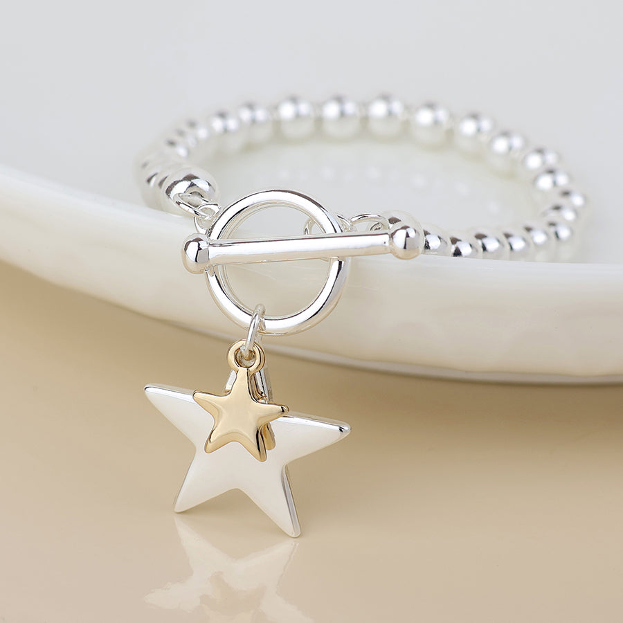 Pom Star Charms Beaded Bracelet In Silver Plated