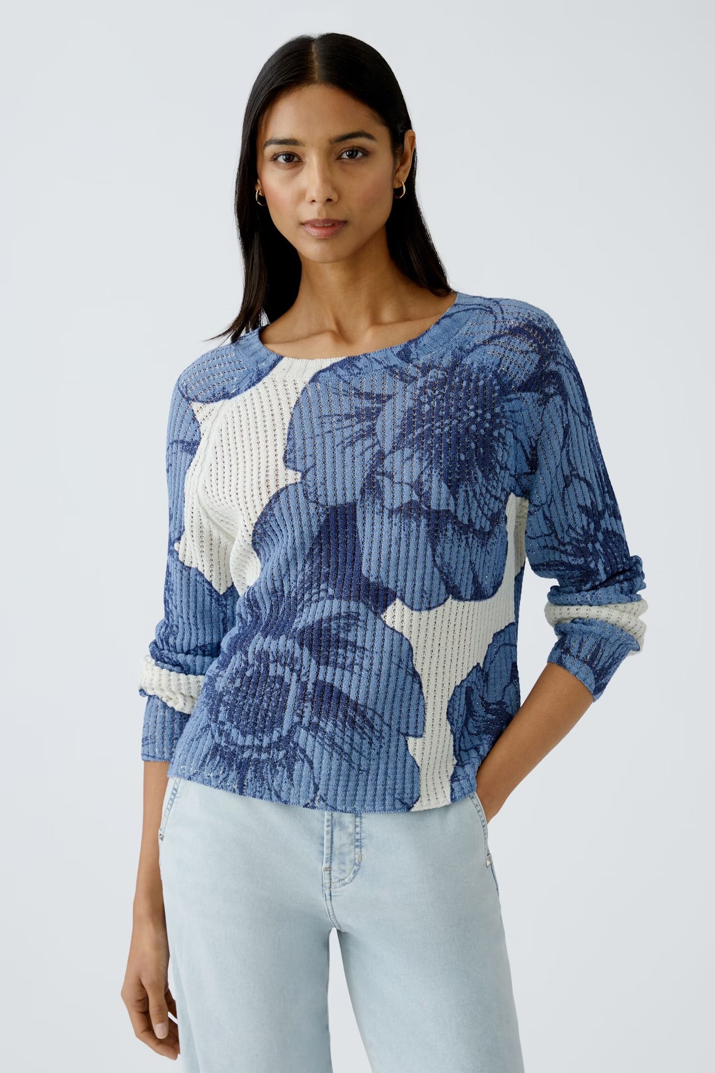Oui Floral Pullover In Blue & White