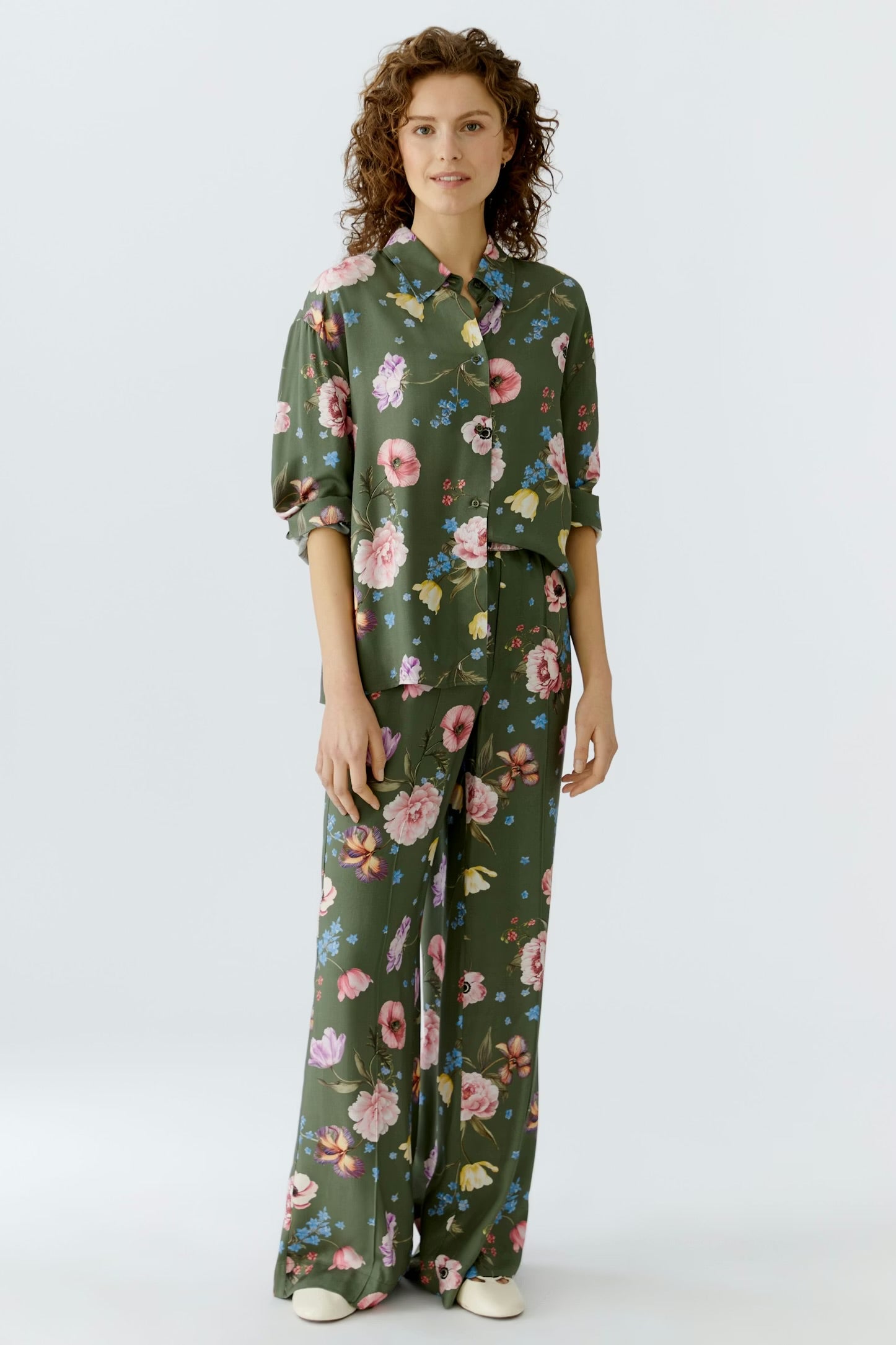 Oui Floral Blouse In khaki & Pink