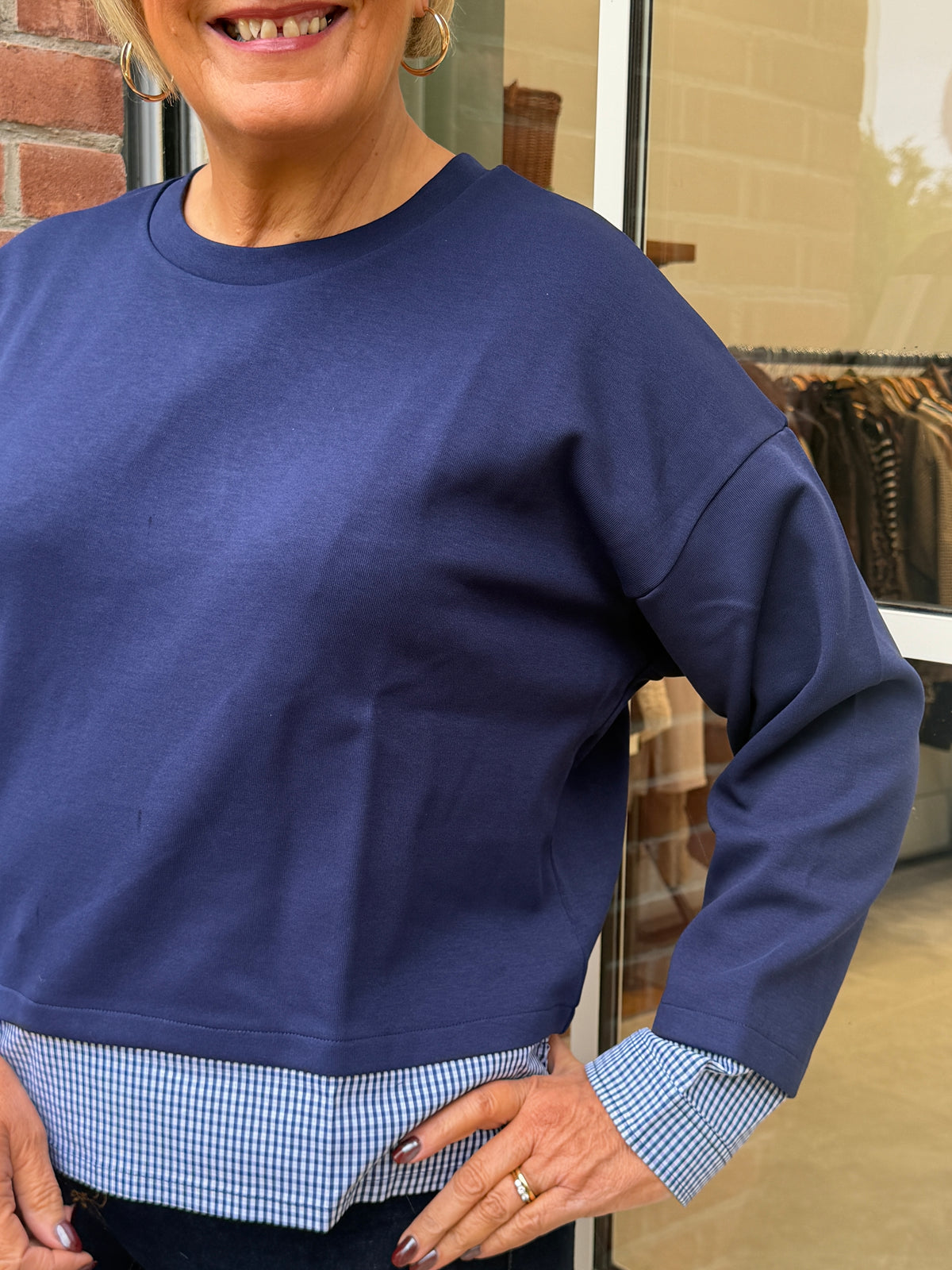Jumper with gingham details in maritime blue
