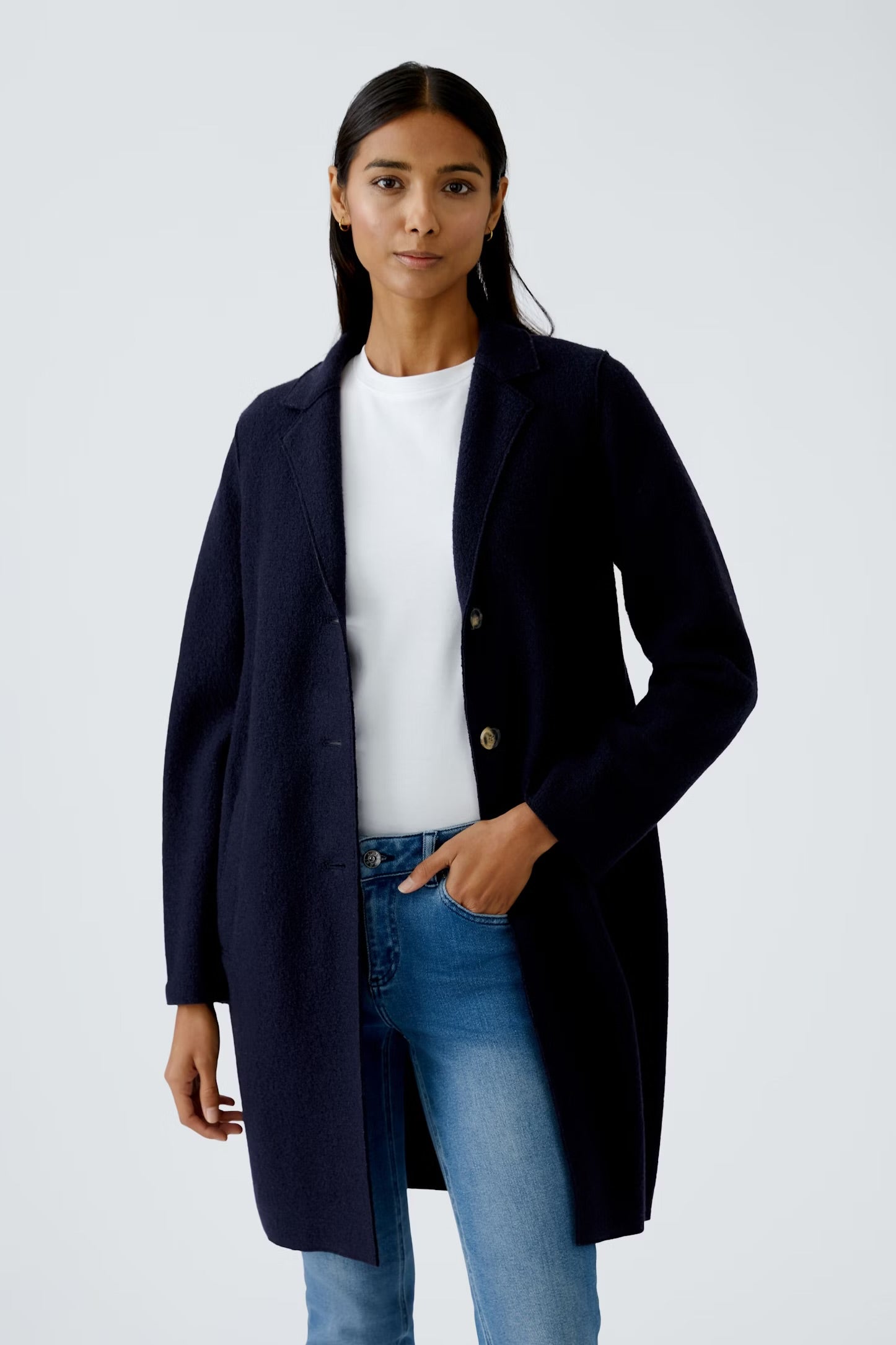 Oui Mayson Boiled Wool Coat In Dark Blue