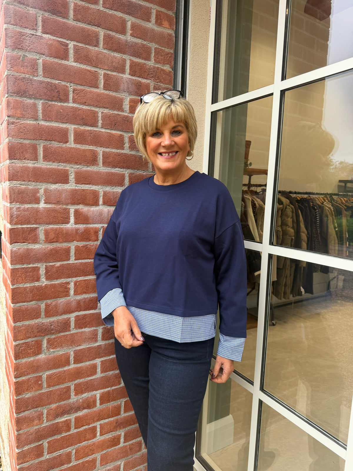 Jumper with gingham details in maritime blue