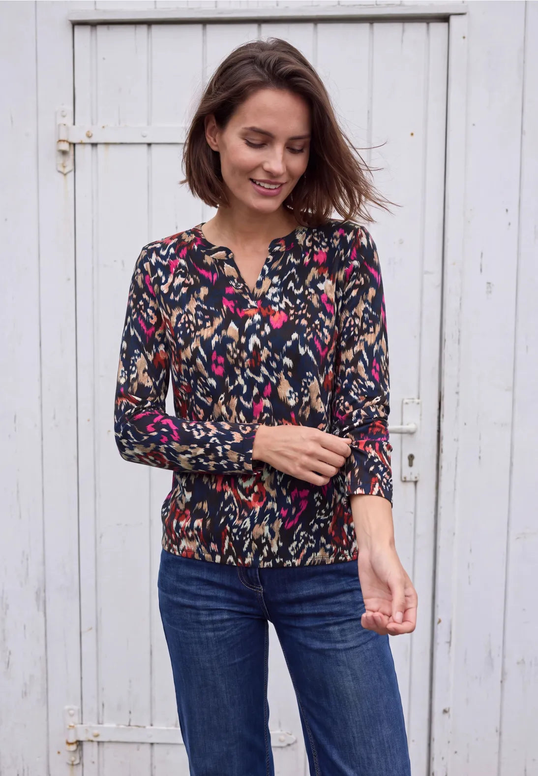 Split neck patterned top in truffle brown