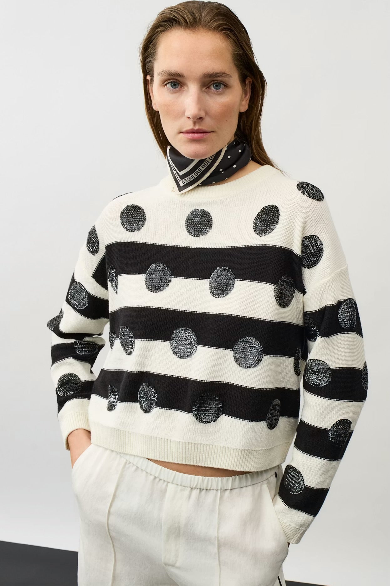 Oui sequin dots patterned jumper in white & black