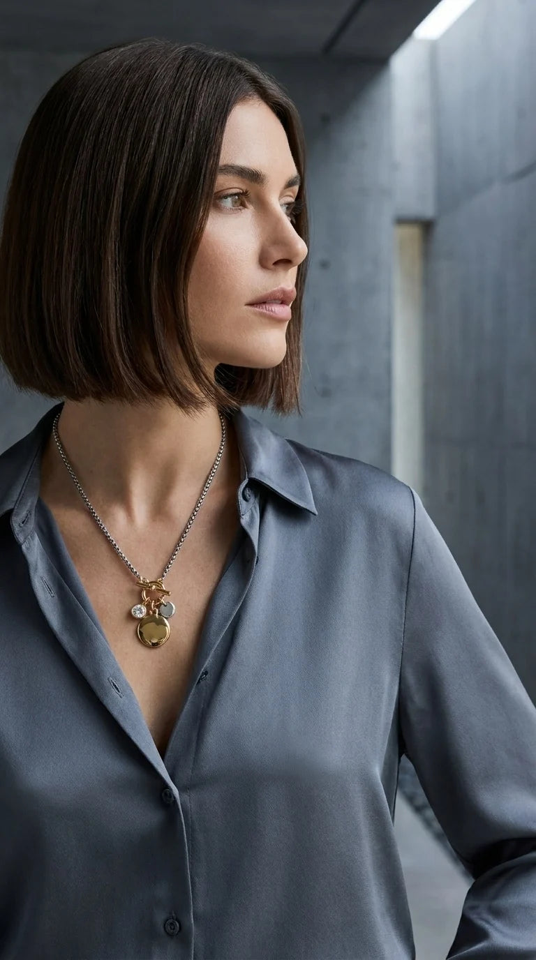 Short silver snake chain necklace with gold T-bar and circle pendant